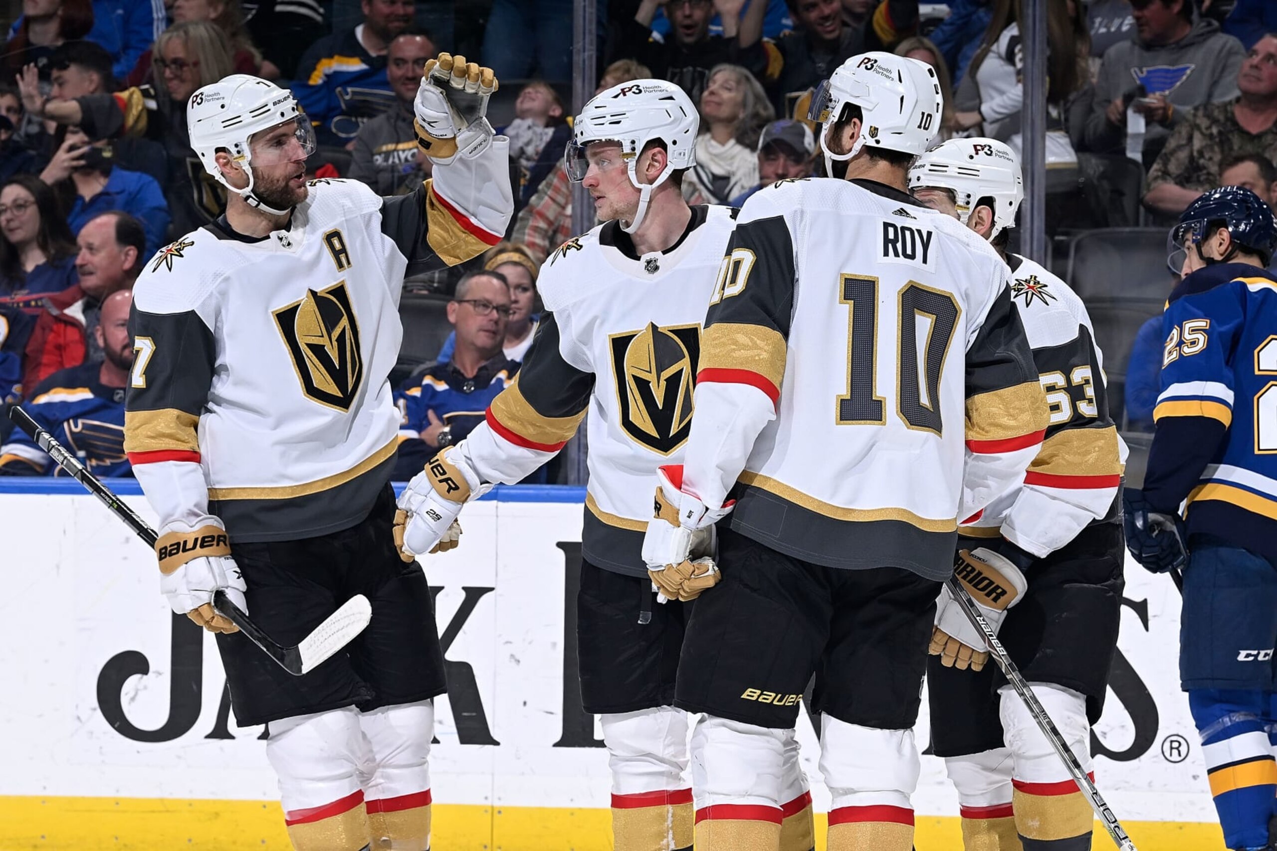 ST. LOUIS, MO - APRIL 29: Jack Eichel #9 of the Vegas Golden Knights is congratulated after scoring a goal against the St. Louis Blues at the Enterprise Center on April 29, 2022 in St. Louis, Missouri. (Photo by Scott Rovak/NHLI via Getty Images)