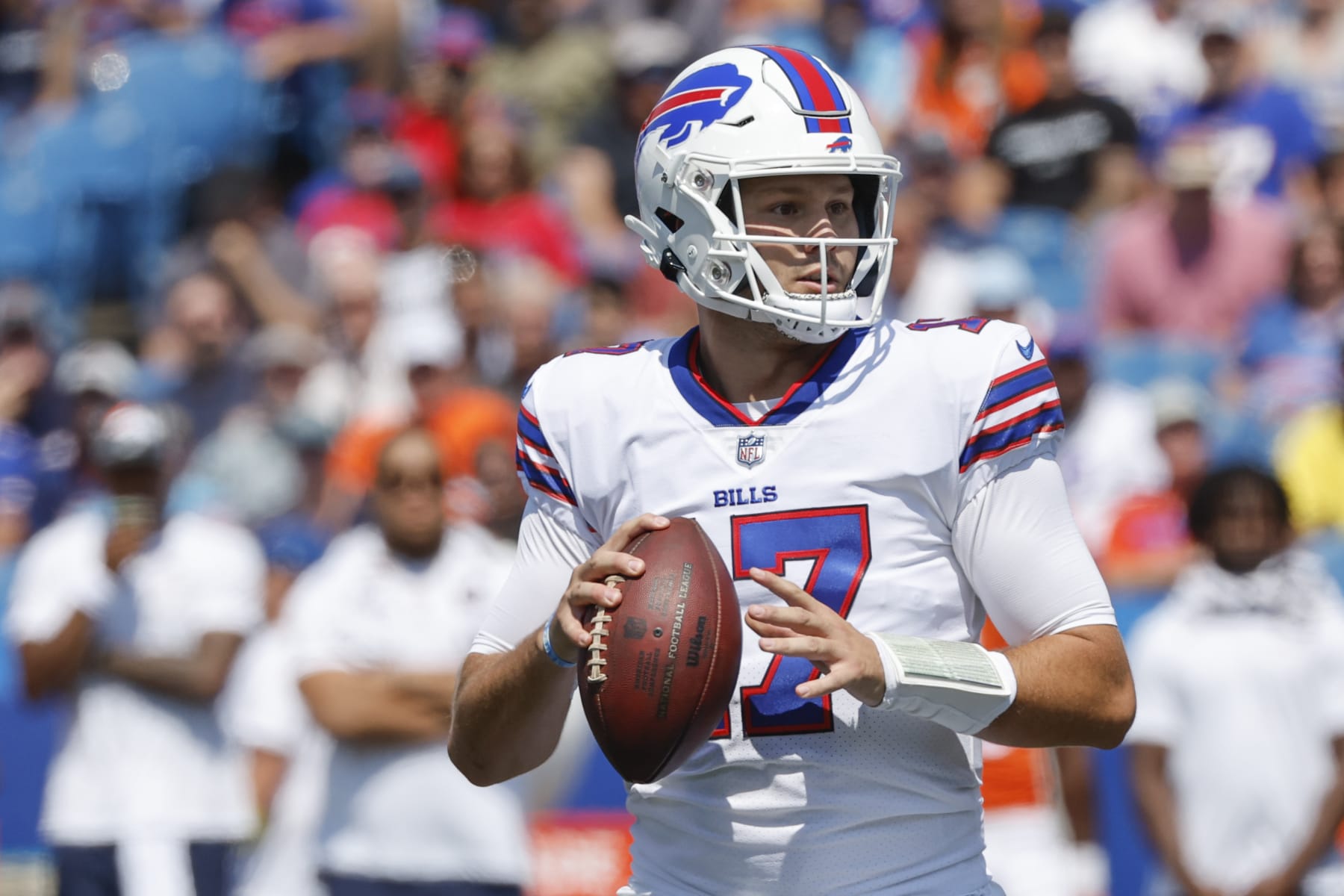Buffalo Bills quarterback Josh Allen looks to throw during the first half of a preseason NFL football game against the Denver Broncos, Saturday, Aug. 20, 2022, in Orchard Park, N.Y. (AP Photo/Jeffrey T. Barnes)