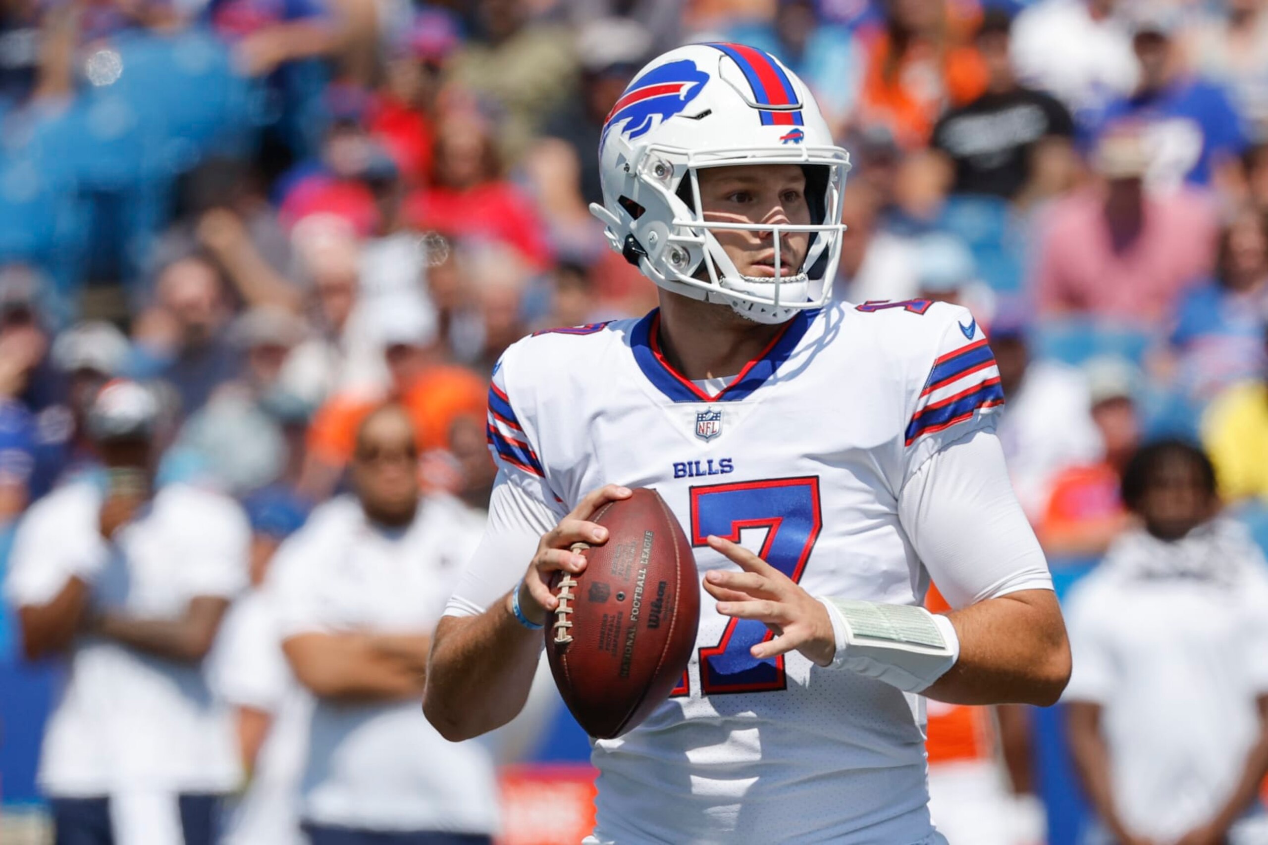 Buffalo Bills quarterback Josh Allen looks to throw during the first half of a preseason NFL football game against the Denver Broncos, Saturday, Aug. 20, 2022, in Orchard Park, N.Y. (AP Photo/Jeffrey T. Barnes) Buffalo Bills quarterback Josh Allen looks to throw during the first half of a preseason NFL football game against the Denver Broncos, Saturday, Aug. 20, 2022, in Orchard Park, N.Y. (AP Photo/Jeffrey T. Barnes)