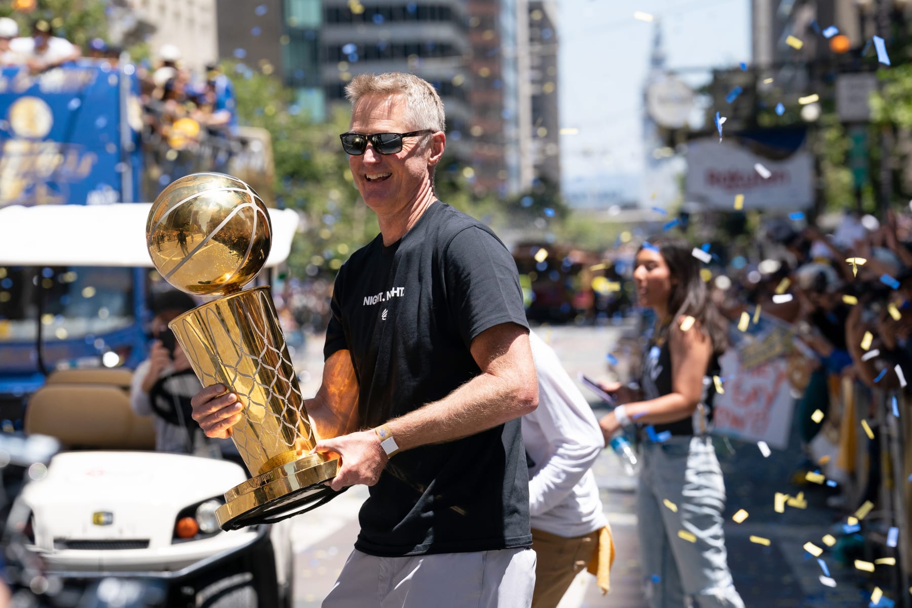 SAN FRANCISCO, CA - JUNE 20: Head Coach Steve Kerr of the Golden State Warriors smiles while holding the Larry OBrien Trophy during the 2022 Victory Parade & Rally on June 20, 2022 at Chase Center in San Francisco, California. NOTE TO USER: User expressly acknowledges and agrees that, by downloading and or using this photograph, user is consenting to the terms and conditions of Getty Images License Agreement. Mandatory Copyright Notice: Copyright 2022 NBAE (Photo by Josh Leung/NBAE via Getty Images)