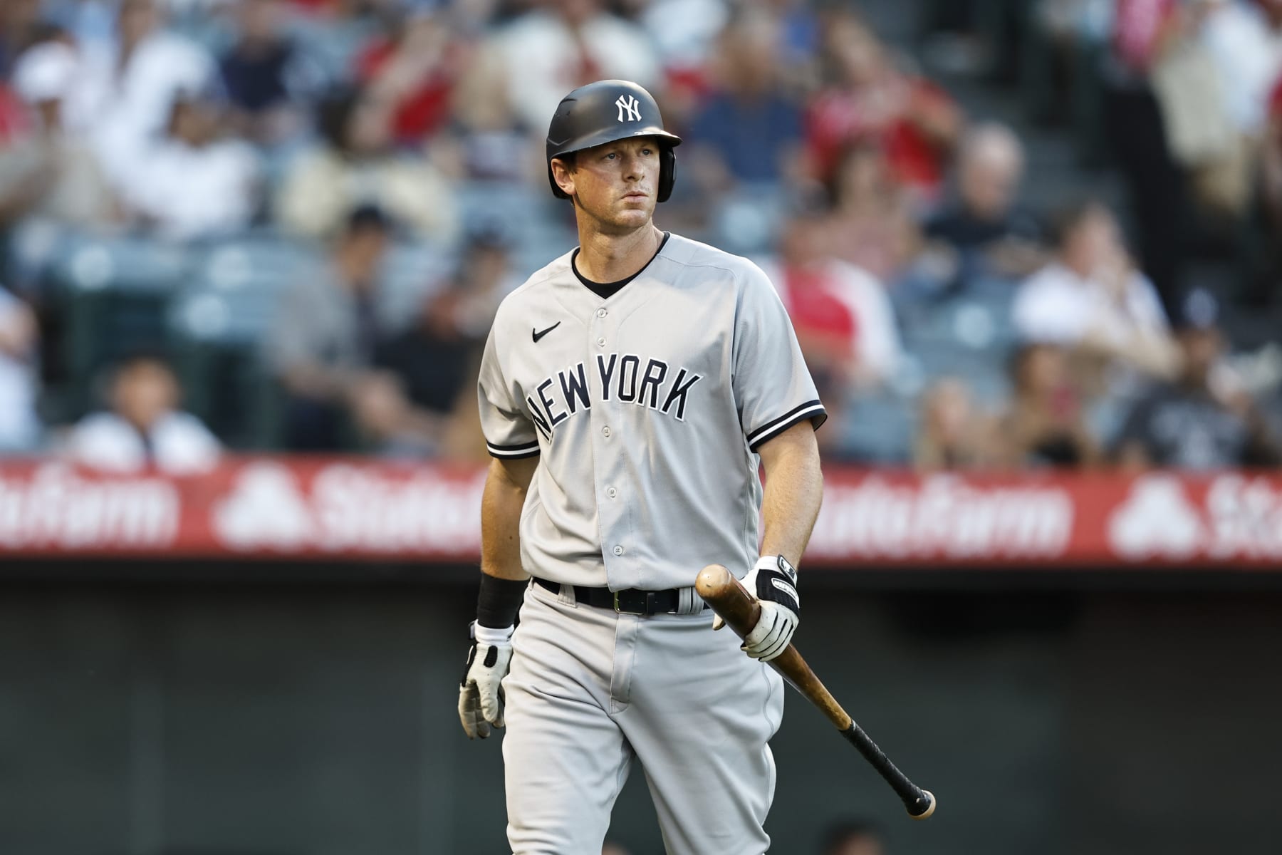 ANAHEIM, CALIFORNIA - AUGUST 29: DJ LeMahieu #26 of the New York Yankees walks to the dugout after striking out during the first inning of a game between the Los Angeles Angels and the New York Yankees at Angel Stadium of Anaheim on August 29, 2022 in Anaheim, California. (Photo by Michael Owens/Getty Images)