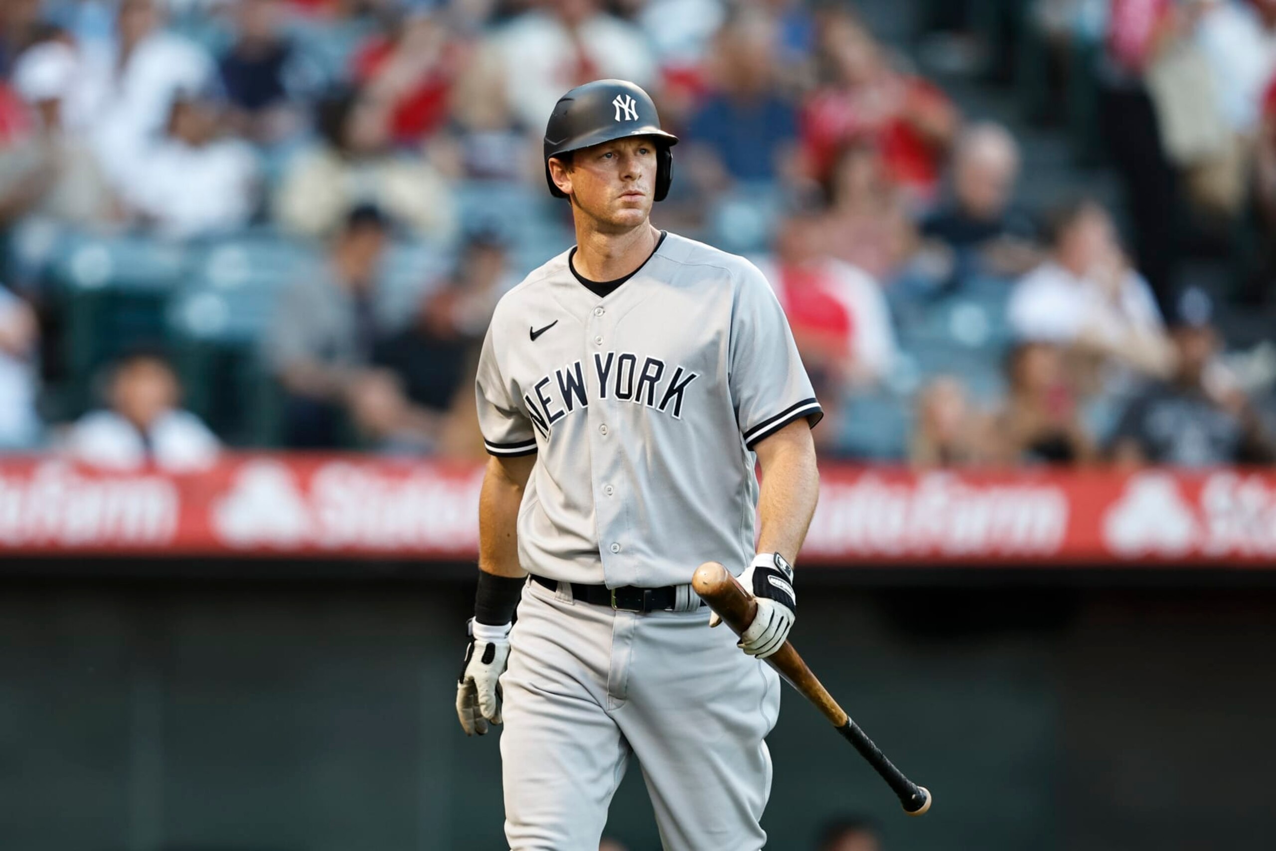 ANAHEIM, CALIFORNIA - AUGUST 29: DJ LeMahieu #26 of the New York Yankees walks to the dugout after striking out during the first inning of a game between the Los Angeles Angels and the New York Yankees at Angel Stadium of Anaheim on August 29, 2022 in Anaheim, California. (Photo by Michael Owens/Getty Images)