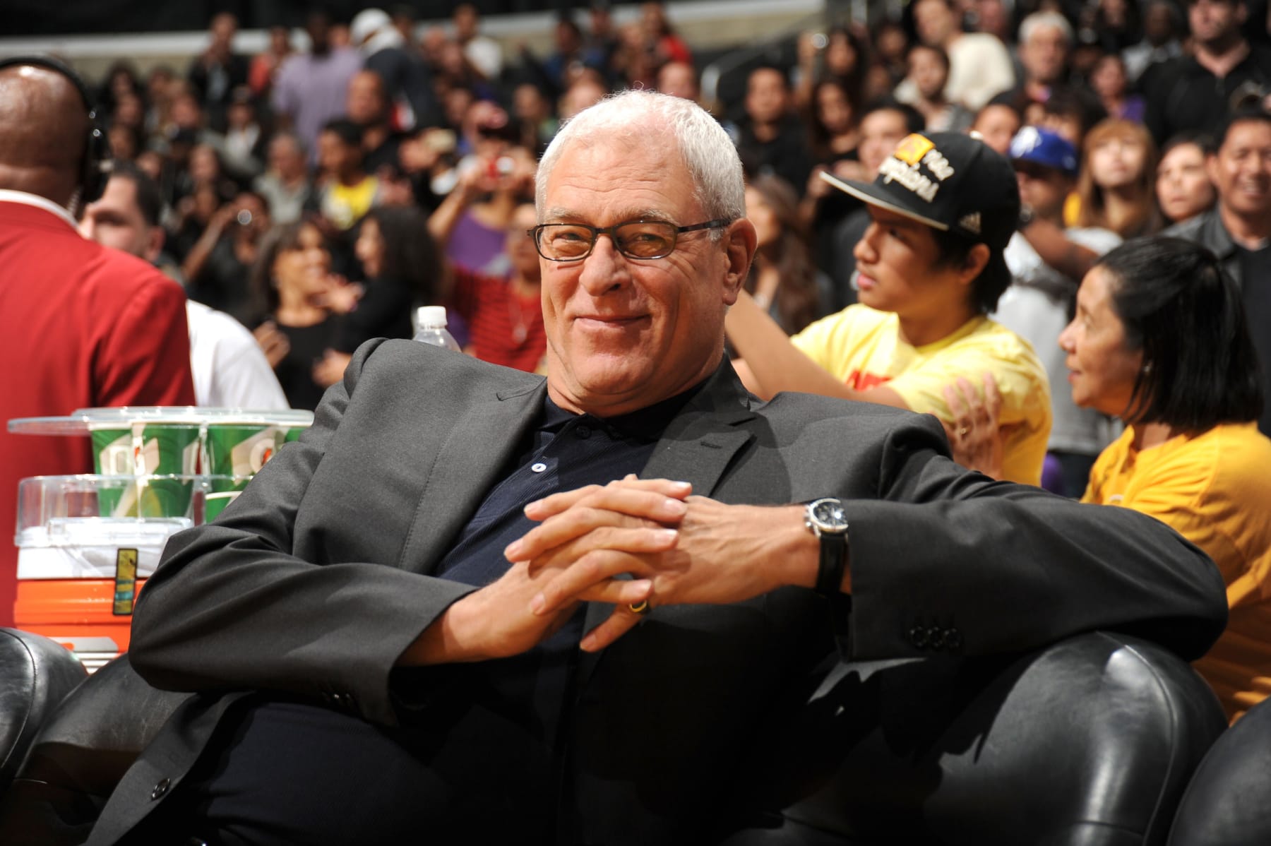 LOS ANGELES - OCTOBER 17:  Head Coach Phil Jackson of the Los Angeles Lakers looks on from the bench before taking on the Utah Jazz at Staples Center on October 17, 2010 in Los Angeles, California. NOTE TO USER: User expressly acknowledges and agrees that, by downloading and/or using this Photograph, user is consenting to the terms and conditions of the Getty Images License Agreement. Mandatory Copyright Notice: Copyright 2010 NBAE (Photo by Andrew D. Bernstein/NBAE via Getty Images)