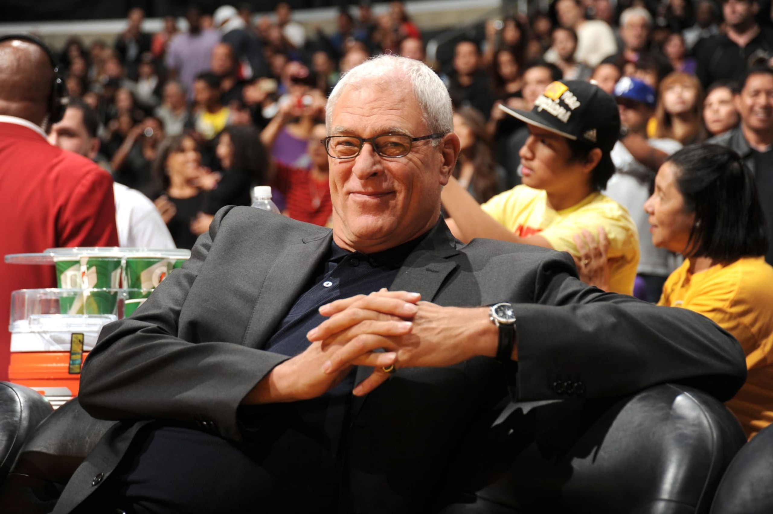 LOS ANGELES - OCTOBER 17:  Head Coach Phil Jackson of the Los Angeles Lakers looks on from the bench before taking on the Utah Jazz at Staples Center on October 17, 2010 in Los Angeles, California. NOTE TO USER: User expressly acknowledges and agrees that, by downloading and/or using this Photograph, user is consenting to the terms and conditions of the Getty Images License Agreement. Mandatory Copyright Notice: Copyright 2010 NBAE (Photo by Andrew D. Bernstein/NBAE via Getty Images)