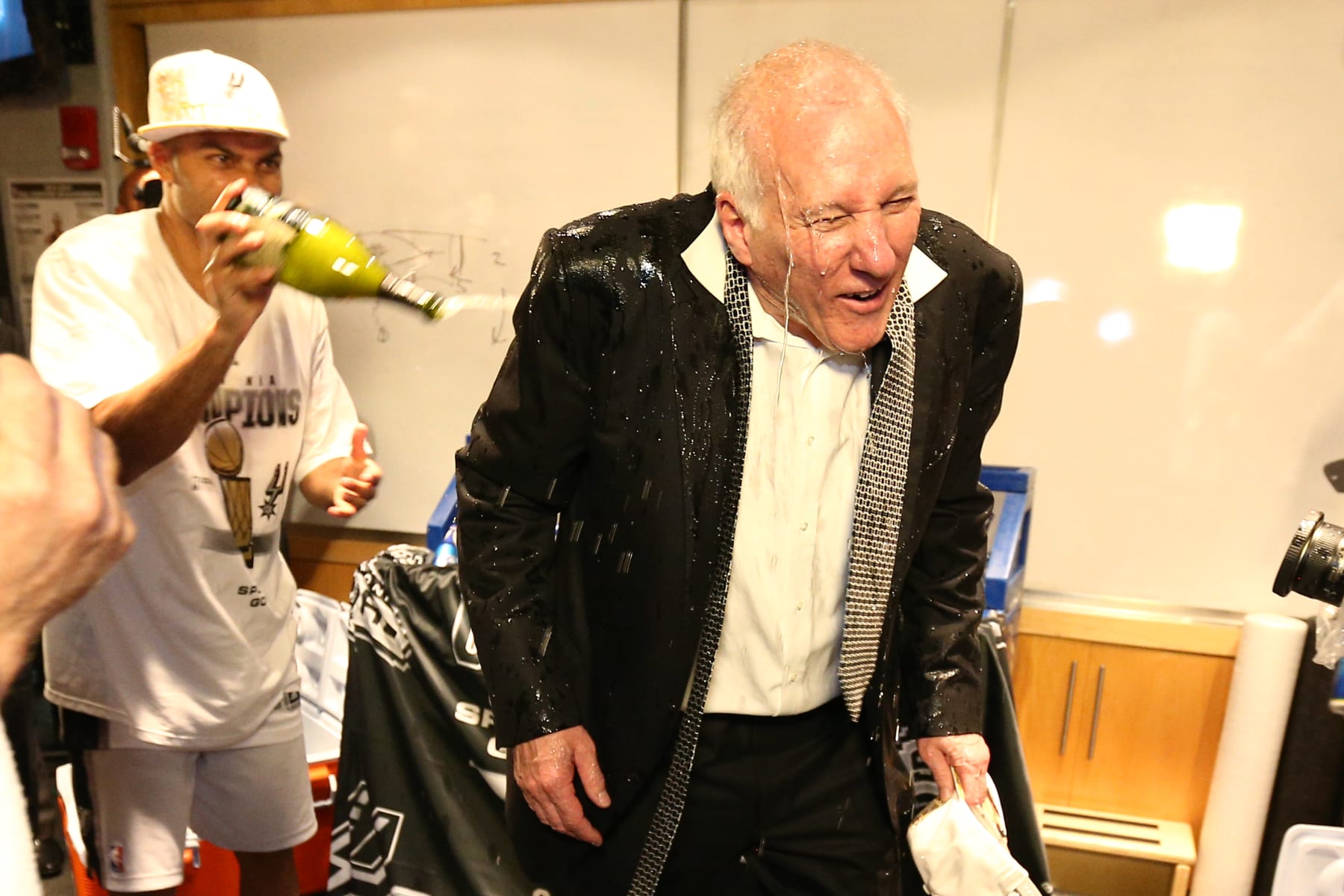 SAN ANTONIO, TX - JUNE 15: Gregg Popovich of the San Antonio Spurs celebrates after Game Five of the 2014 NBA Finals against the Miami Heat at AT&T Center on June 15, 2014 in San Antonio, Texas. NOTE TO USER: User expressly acknowledges and agrees that, by downloading and/or using this photograph, user is consenting to the terms and conditions of the Getty Images License Agreement.  Mandatory Copyright Notice: Copyright 2014 NBAE (Photo by Nathaniel S. Butler/NBAE via Getty Images)