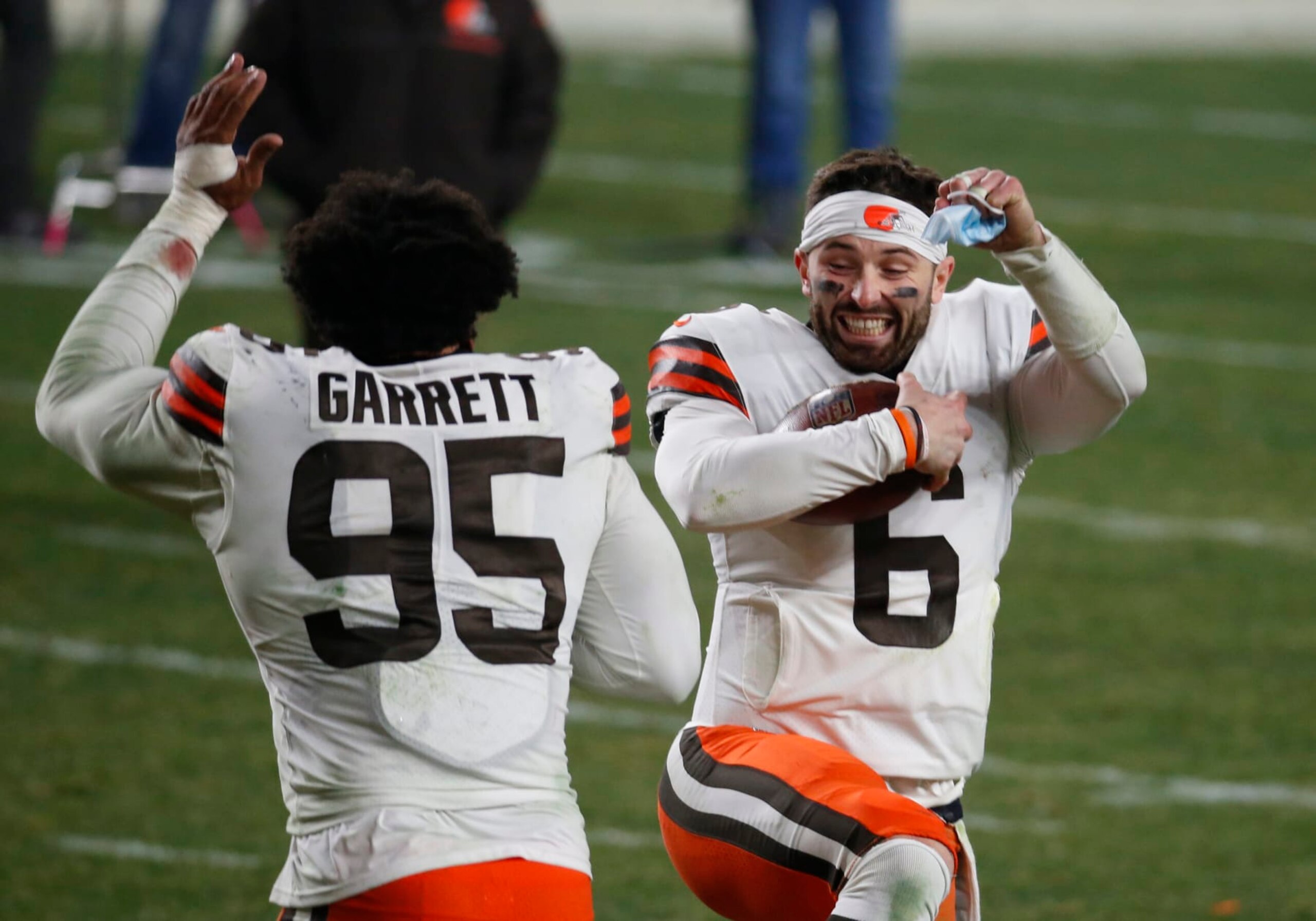 PITTSBURGH, PA - JANUARY 11: Baker Mayfield #6 of the Cleveland Browns and Myles Garrett #95 of the Cleveland Browns celebrate against the Pittsburgh Steelers on January 11, 2021 at Heinz Field in Pittsburgh, Pennsylvania. (Photo by Justin K. Aller/Getty Images) PITTSBURGH, PA - JANUARY 11: Baker Mayfield #6 of the Cleveland Browns and Myles Garrett #95 of the Cleveland Browns celebrate against the Pittsburgh Steelers on January 11, 2021 at Heinz Field in Pittsburgh, Pennsylvania. (Photo by Justin K. Aller/Getty Images)