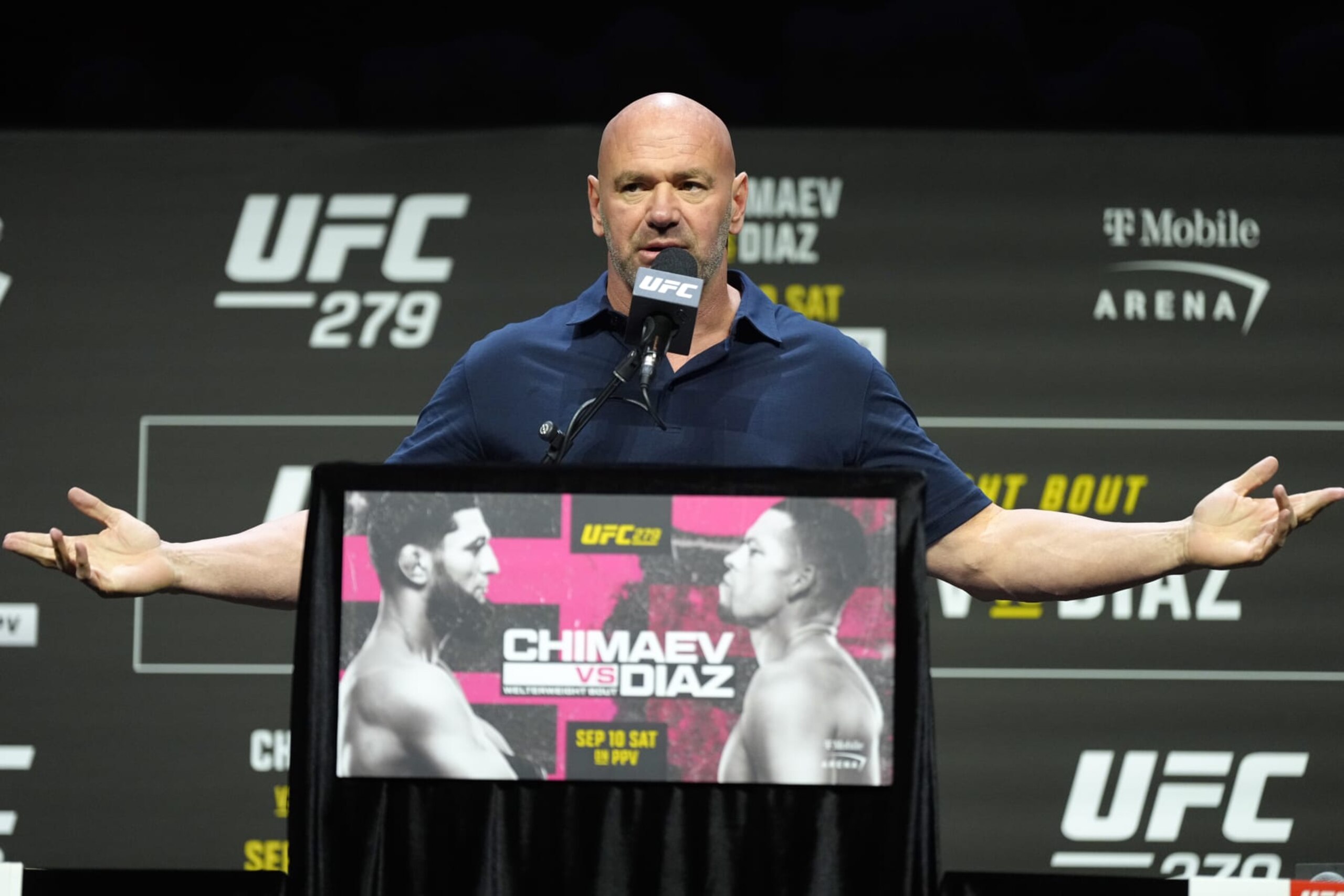 LAS VEGAS, NEVADA - SEPTEMBER 08: UFC president Dana White hosts the UFC 279 press conference at MGM Grand Garden Arena on September 08, 2022 in Las Vegas, Nevada. (Photo by Jeff Bottari/Zuffa LLC)