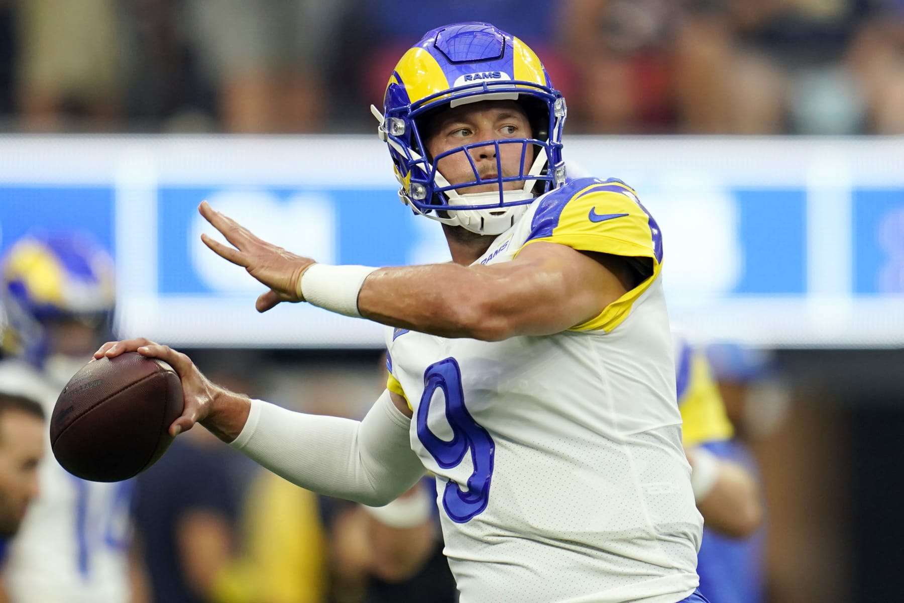 Los Angeles Rams quarterback Matthew Stafford warms up before an NFL football game against the Buffalo Bills Thursday, Sept. 8, 2022, in Inglewood, Calif. (AP Photo/Ashley Landis)