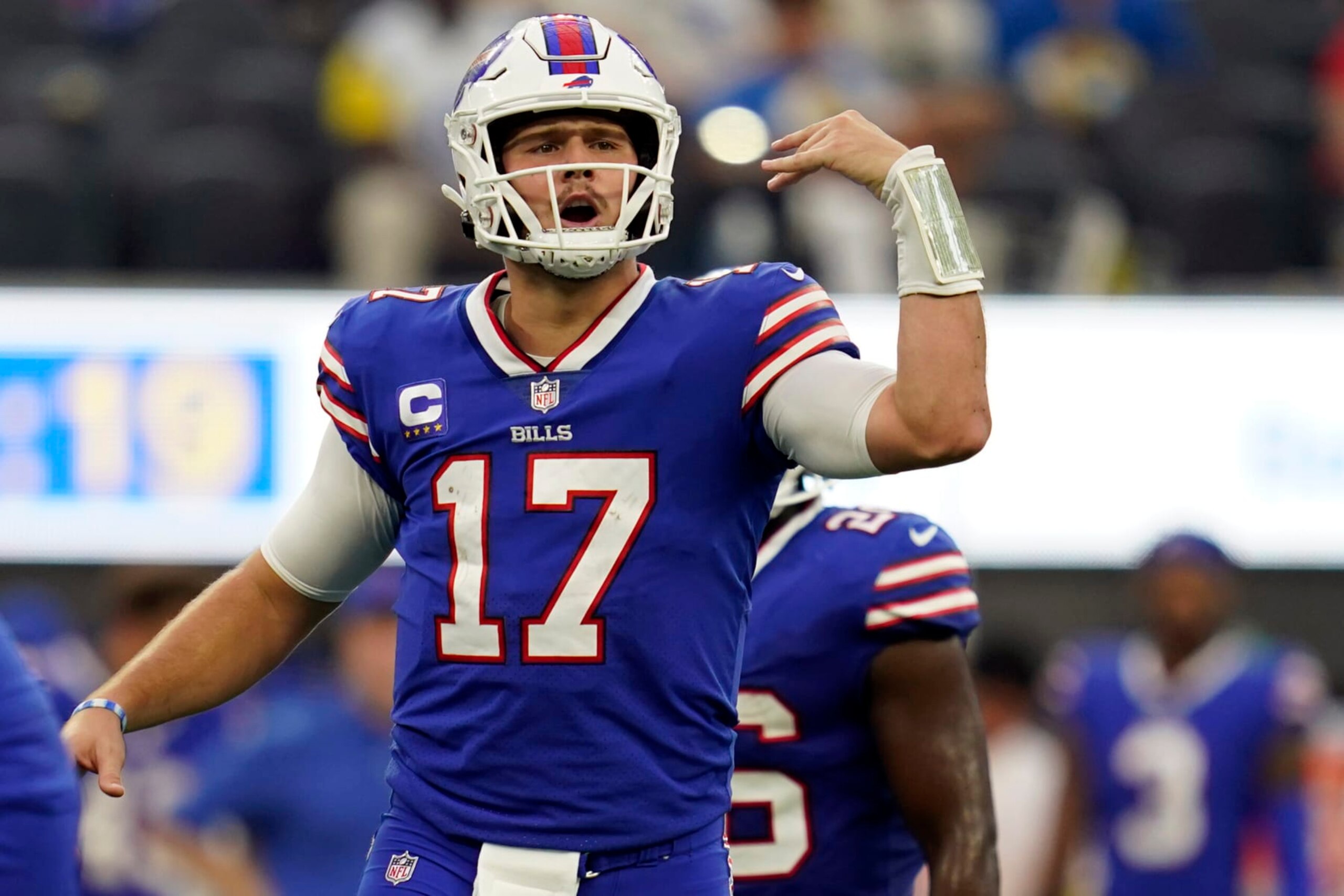 Buffalo Bills quarterback Josh Allen signals during the first half of an NFL football game against the Los Angeles Rams Thursday, Sept. 8, 2022, in Inglewood, Calif. (AP Photo/Ashley Landis) Buffalo Bills quarterback Josh Allen signals during the first half of an NFL football game against the Los Angeles Rams Thursday, Sept. 8, 2022, in Inglewood, Calif. (AP Photo/Ashley Landis)