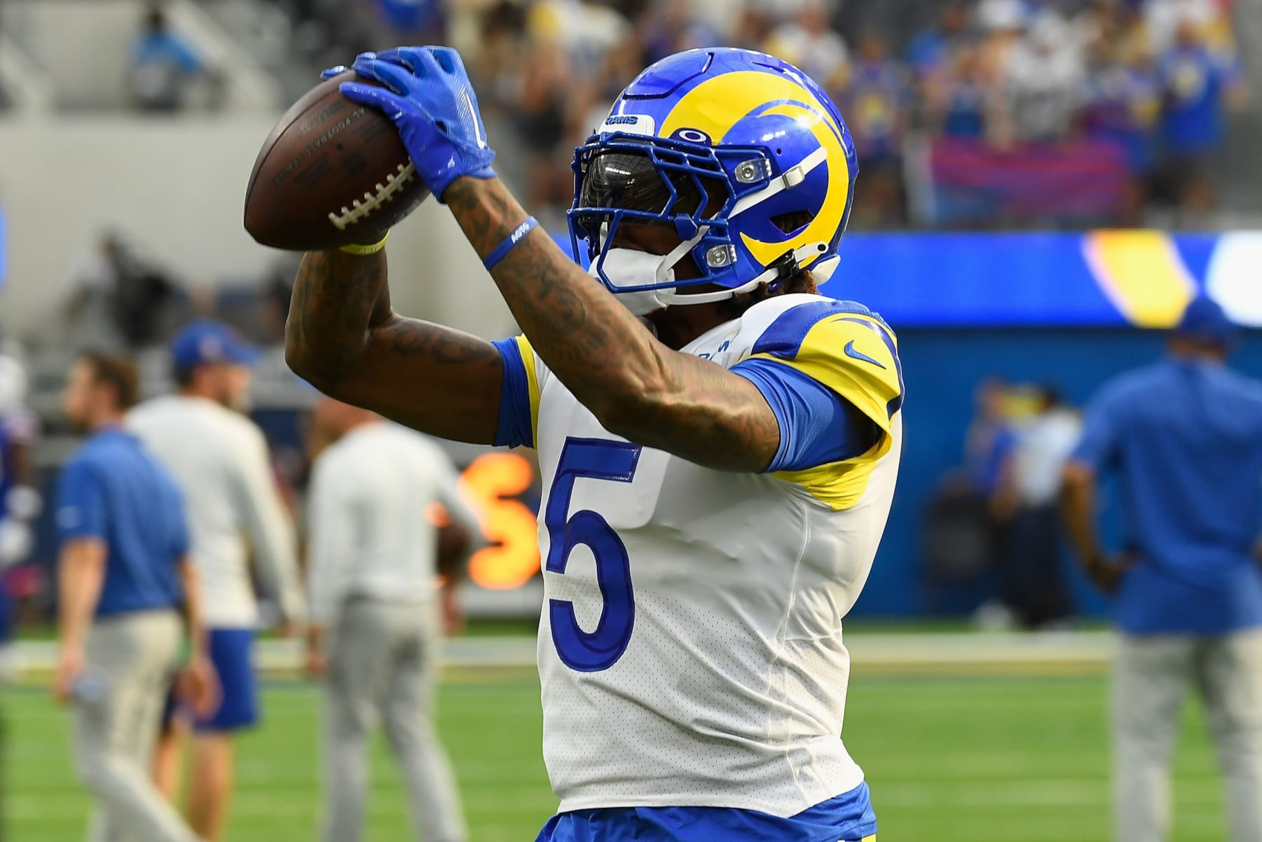 INGLEWOOD, CALIFORNIA - SEPTEMBER 08:  Cornerback Jalen Ramsey #5 of the Los Angeles Rams warms up before the NFL game against the Buffalo Bills at SoFi Stadium on September 08, 2022 in Inglewood, California. (Photo by Kevork Djansezian/Getty Images)