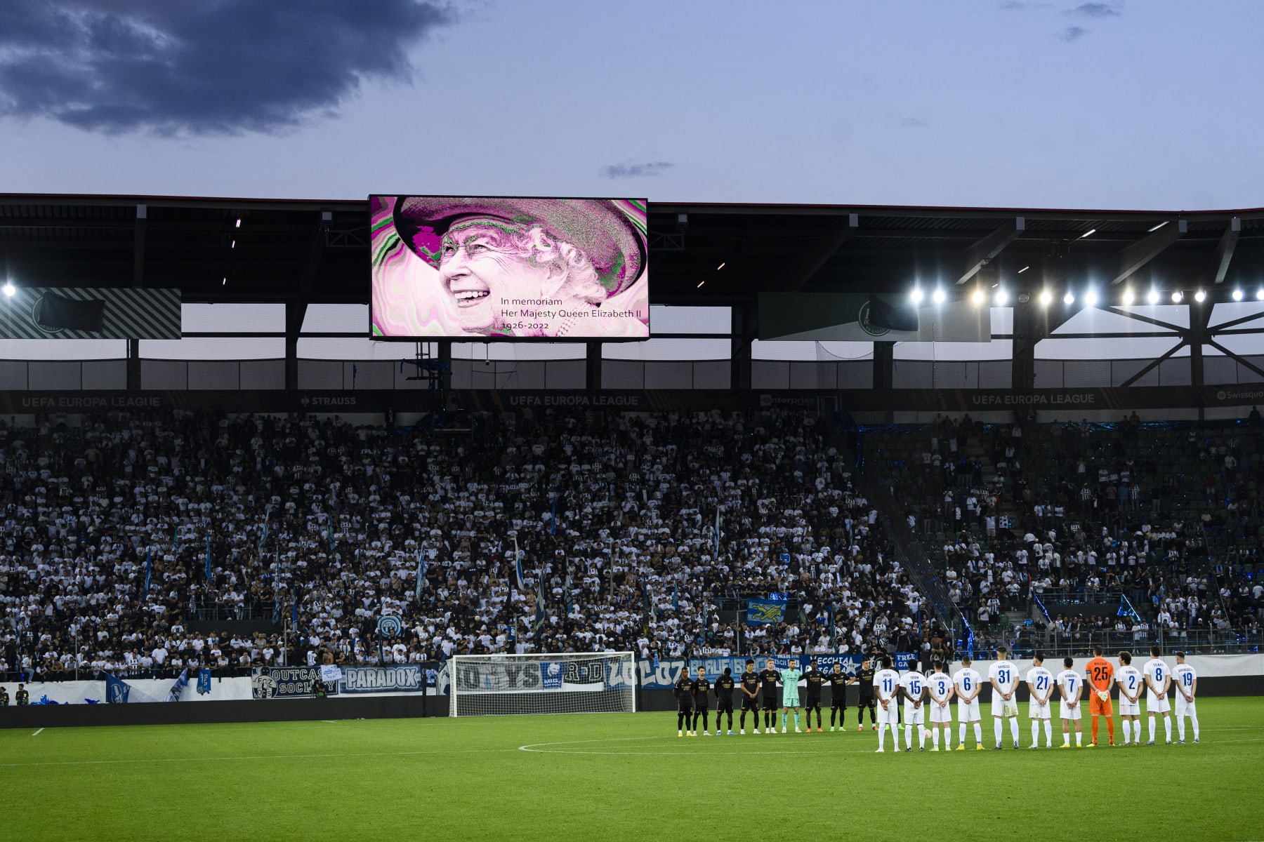 ST GALLEN, SWITZERLAND - SEPTEMBER 08: Queen Elizabeth II is honoured as she passed away during the UEFA Europa League group A match between FC Zurich and Arsenal FC at Kybunpark on September 8, 2022 in St Gallen, Switzerland. (Photo by Marcio Machado/Eurasia Sport Images/Getty Images)
