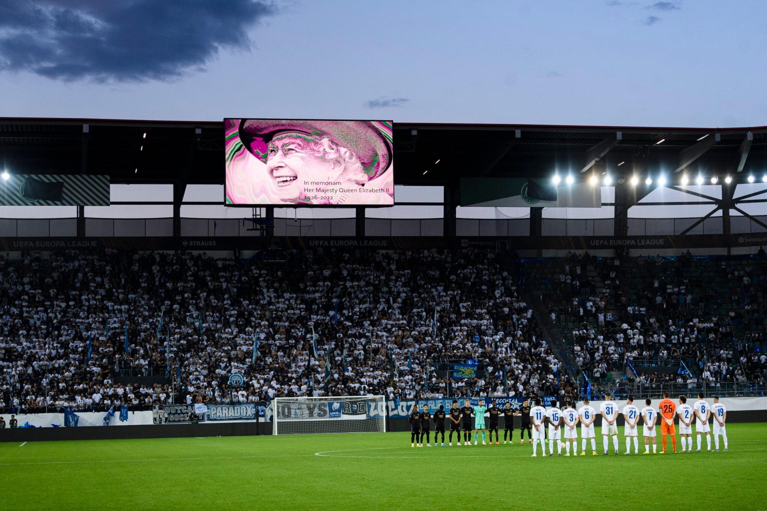 ST GALLEN, SWITZERLAND - SEPTEMBER 08: Queen Elizabeth II is honoured as she passed away during the UEFA Europa League group A match between FC Zurich and Arsenal FC at Kybunpark on September 8, 2022 in St Gallen, Switzerland. (Photo by Marcio Machado/Eurasia Sport Images/Getty Images)