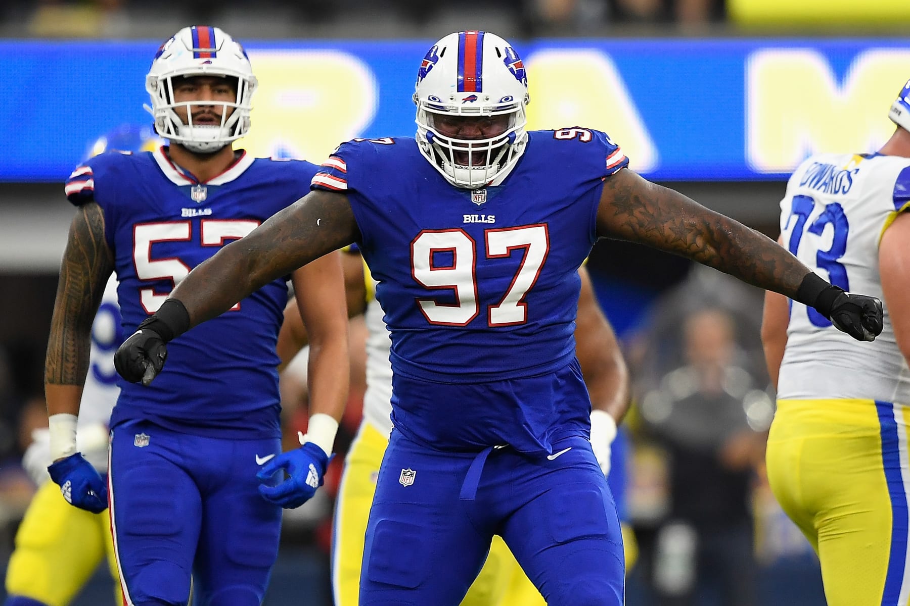 INGLEWOOD, CALIFORNIA - SEPTEMBER 08:  Defensive tackle Jordan Phillips #97 of the Buffalo Bills reacts after a sack against the Los Angeles Rams during the second quarter of the NFL game at SoFi Stadium on September 08, 2022 in Inglewood, California. (Photo by Kevork Djansezian/Getty Images)