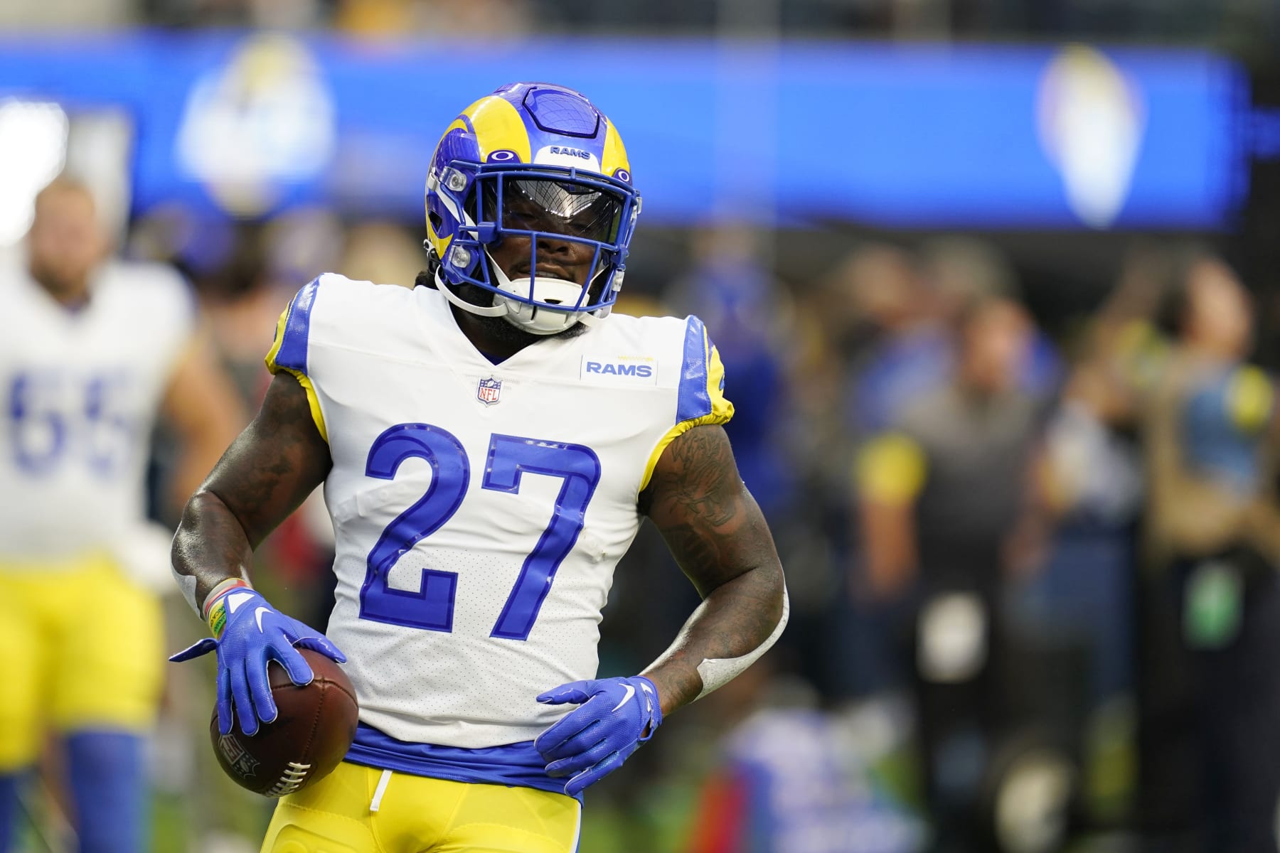 Los Angeles Rams running back Darrell Henderson Jr. warms up before an NFL football game against the Buffalo Bills Thursday, Sept. 8, 2022, in Inglewood, Calif. (AP Photo/Ashley Landis)