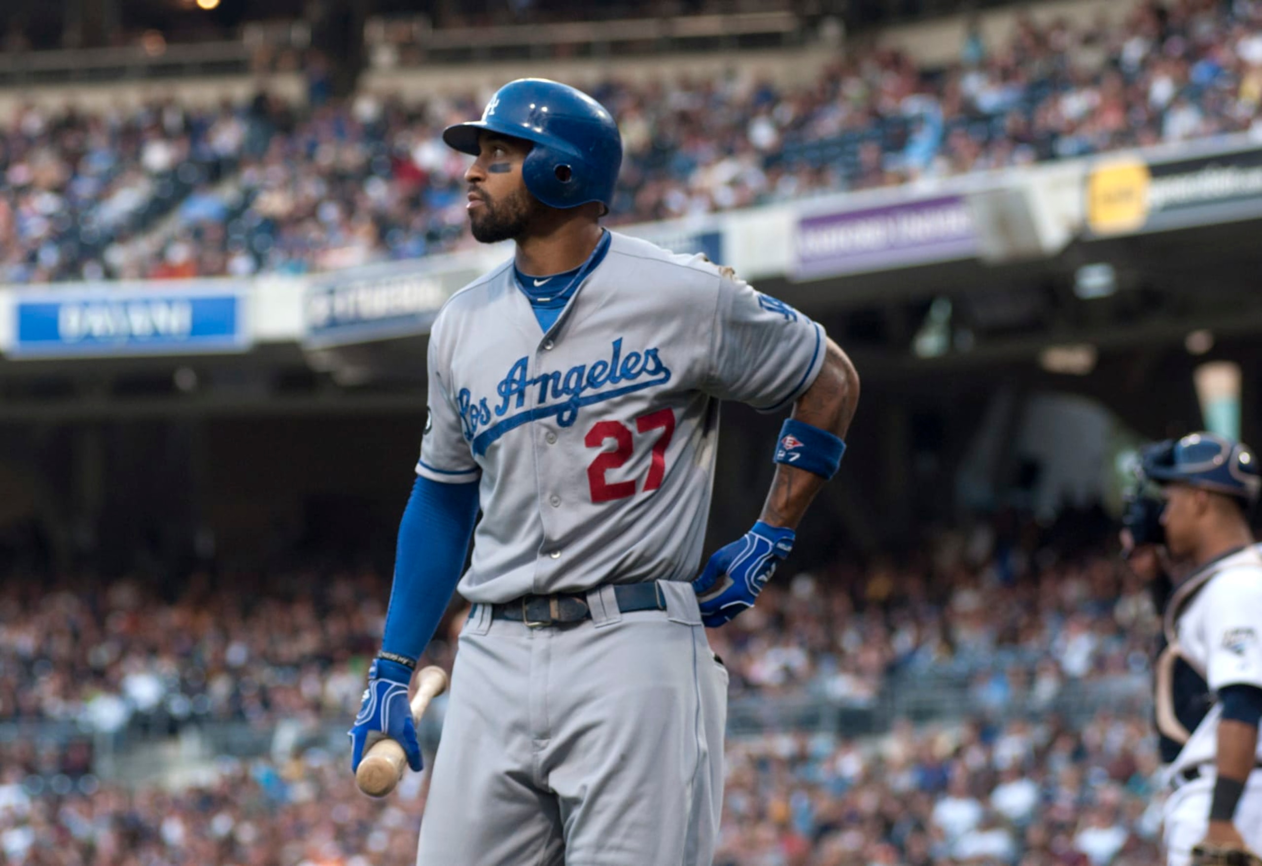 SAN DIEGO, CA - SEPTEMBER 24: Matt Kemp #27 of the Los Angeles Dodgers leaves the batter's box after making an out during the game against the San Diego Padres at Petco Park on September 24, 2011 in San Diego, California. (Photo by Kent C. Horner/Getty Images)