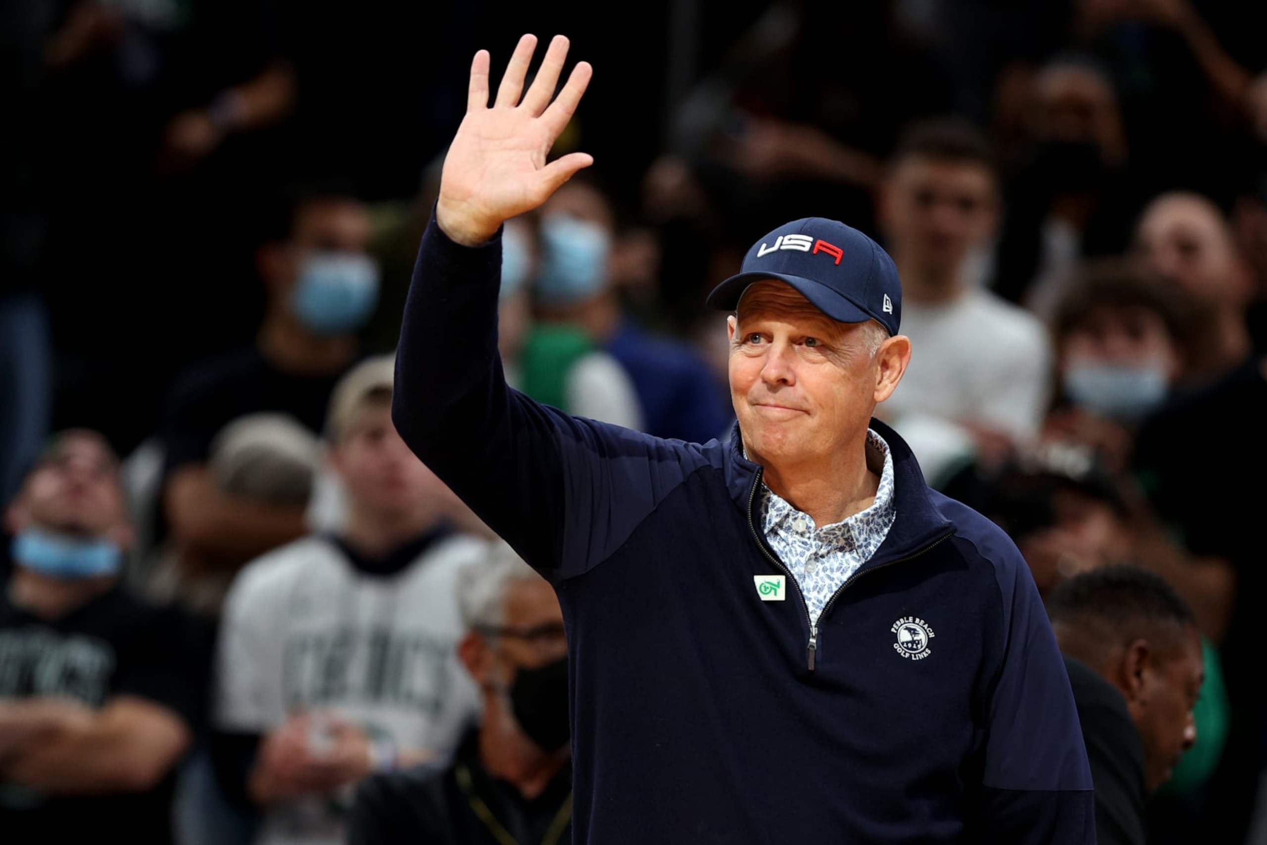 BOSTON, MASSACHUSETTS - OCTOBER 22: Former Celtics player Danny Ainge waves before the Celtics home opener against the Toronto Raptors at TD Garden on October 22, 2021 in Boston, Massachusetts. NOTE TO USER: User expressly acknowledges and agrees that, by downloading and or using this photograph, User is consenting to the terms and conditions of the Getty Images License Agreement. (Photo by Maddie Meyer/Getty Images)