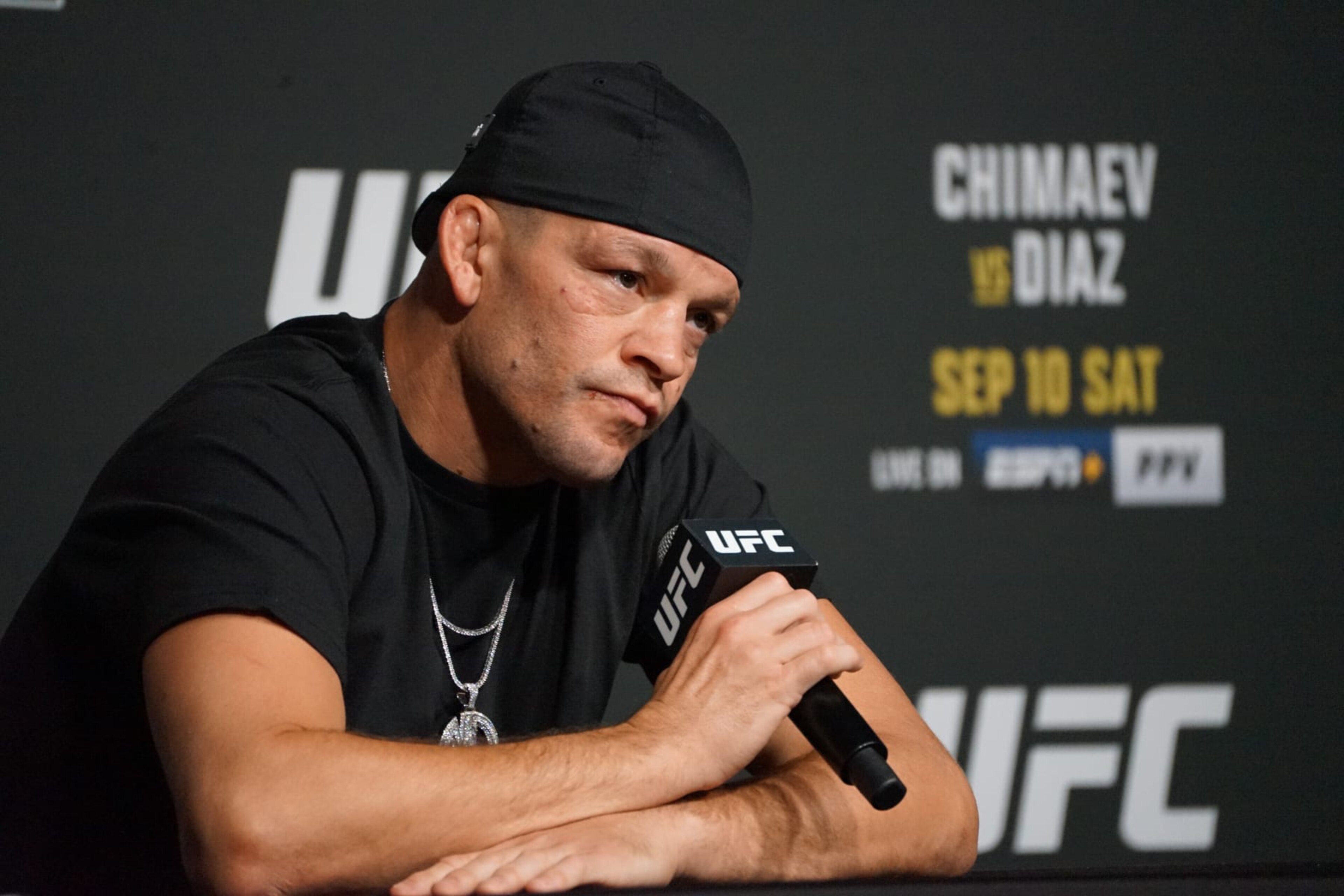 LAS VEGAS, NV - SEPTEMBER 7: Nate Diaz speaks to the media during the UFC 279 media day on September 7, 2022, at the UFC APEX in Las Vegas, NV. (Photo by Amy Kaplan/Icon Sportswire via Getty Images) LAS VEGAS, NV - SEPTEMBER 7: Nate Diaz speaks to the media during the UFC 279 media day on September 7, 2022, at the UFC APEX in Las Vegas, NV. (Photo by Amy Kaplan/Icon Sportswire via Getty Images)