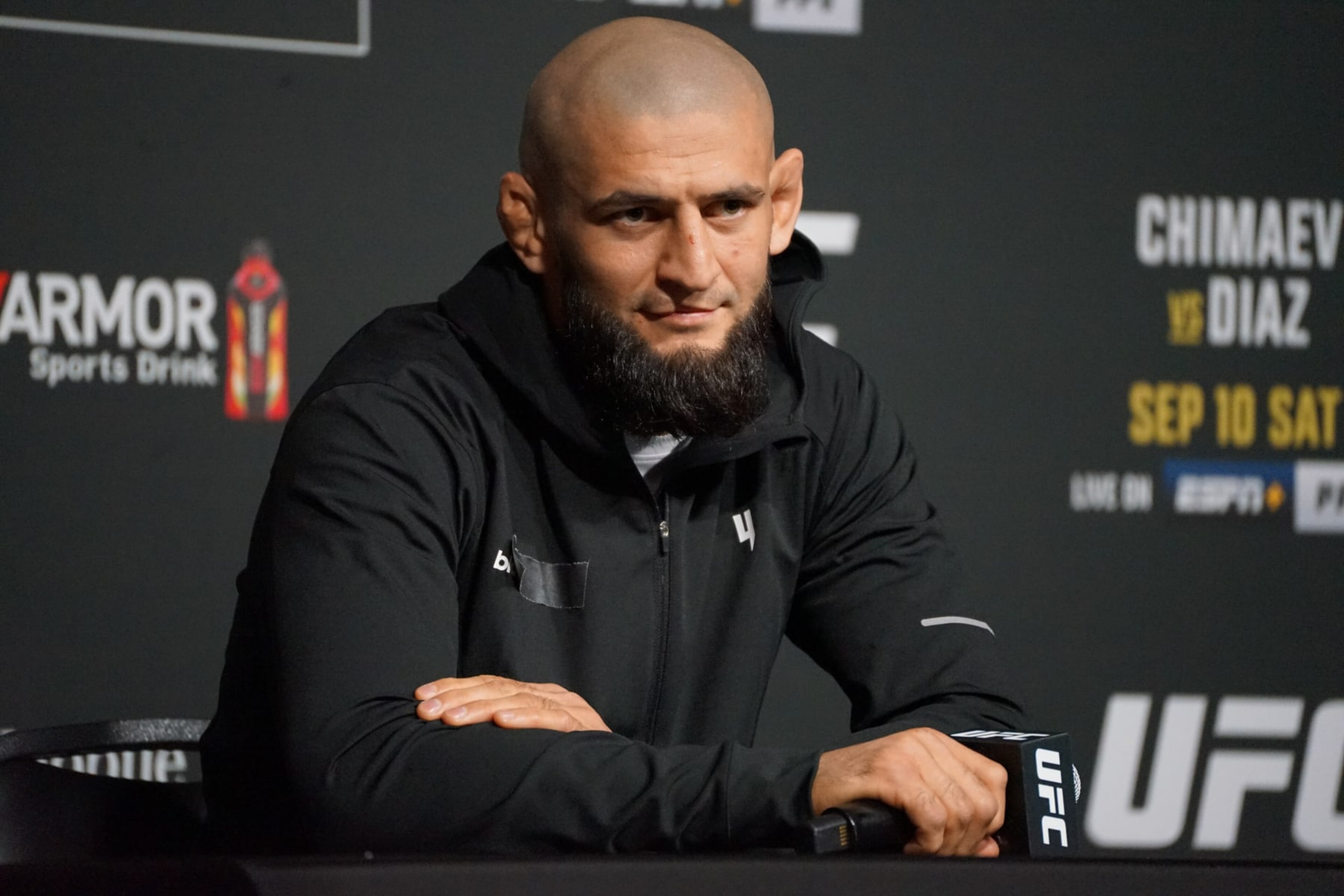 LAS VEGAS, NV - SEPTEMBER 7: Khamzat Chimaev speaks to the media during the UFC 279 media day on September 7, 2022, at the UFC APEX in Las Vegas, NV. (Photo by Amy Kaplan/Icon Sportswire via Getty Images) LAS VEGAS, NV - SEPTEMBER 7: Khamzat Chimaev speaks to the media during the UFC 279 media day on September 7, 2022, at the UFC APEX in Las Vegas, NV. (Photo by Amy Kaplan/Icon Sportswire via Getty Images)
