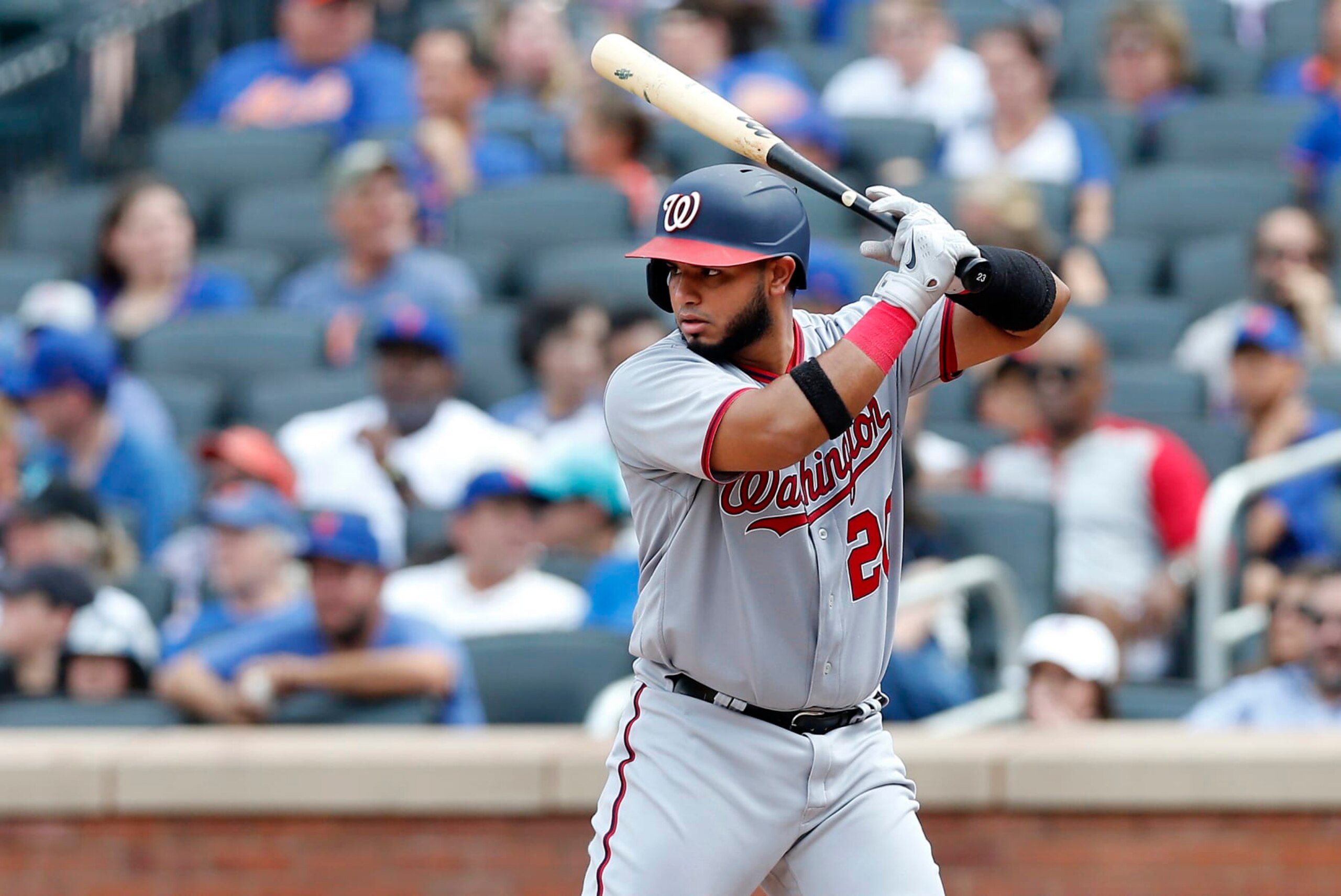 NEW YORK, NEW YORK - SEPTEMBER 04:  Keibert Ruiz #20 of the Washington Nationals in action against the New York Mets at Citi Field on September 04, 2022 in New York City. The Nationals defeated the Mets 7-1. (Photo by Jim McIsaac/Getty Images)