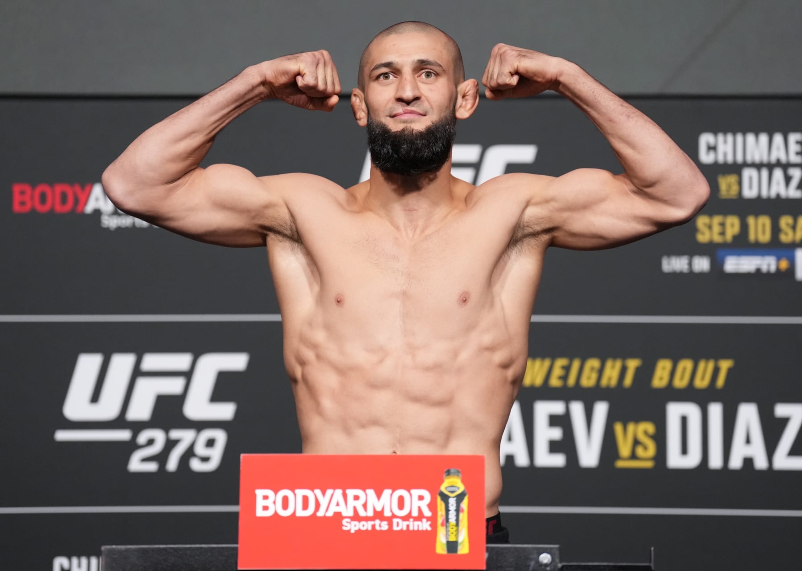 LAS VEGAS, NEVADA - SEPTEMBER 09: Khamzat Chimaev of Russia poses on the scale during the UFC 279 official weigh-in at UFC APEX on September 09, 2022 in Las Vegas, Nevada. (Photo by Chris Unger/Zuffa LLC)