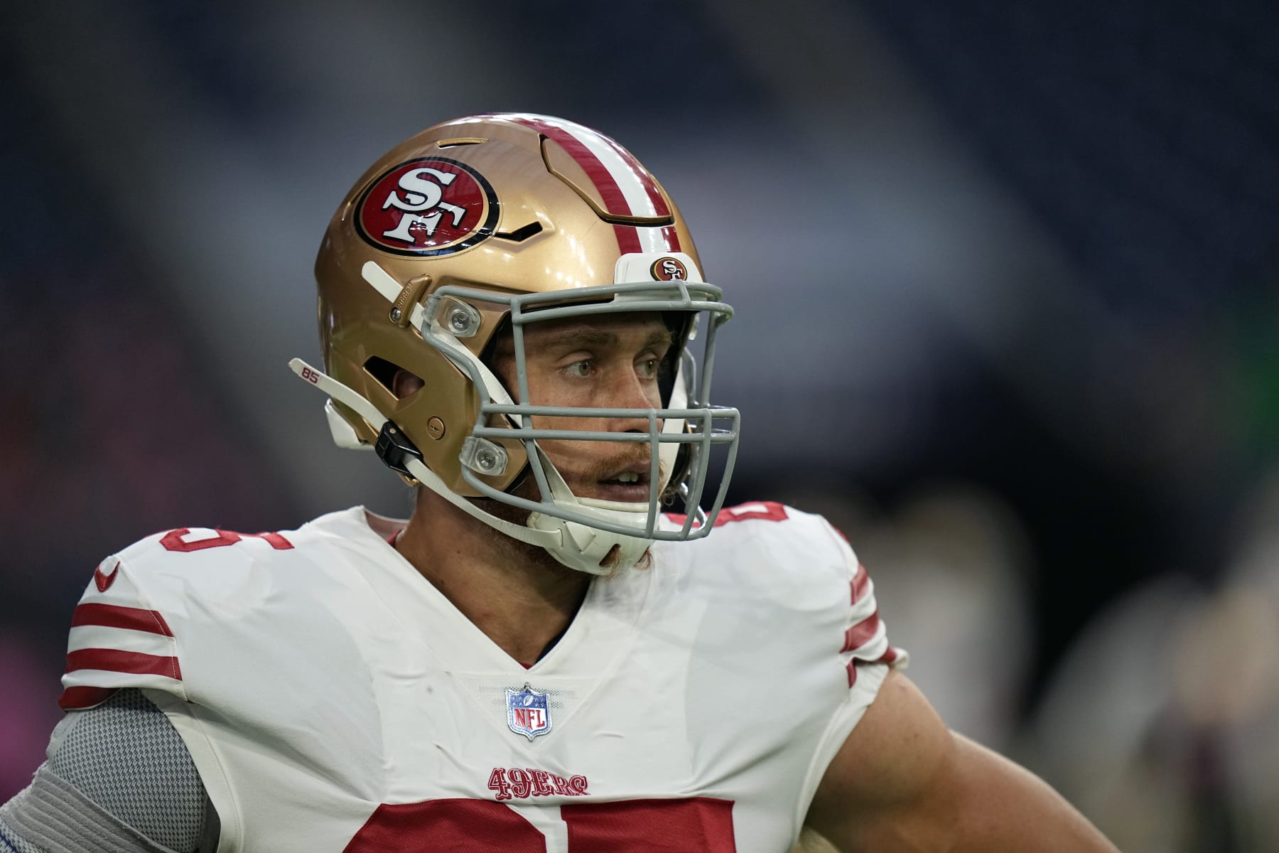 San Francisco 49ers tight end George Kittle warms up before an NFL preseason football game against the Houston Texans Thursday, Aug. 25, 2022, in Houston. (AP Photo/David J. Phillip)