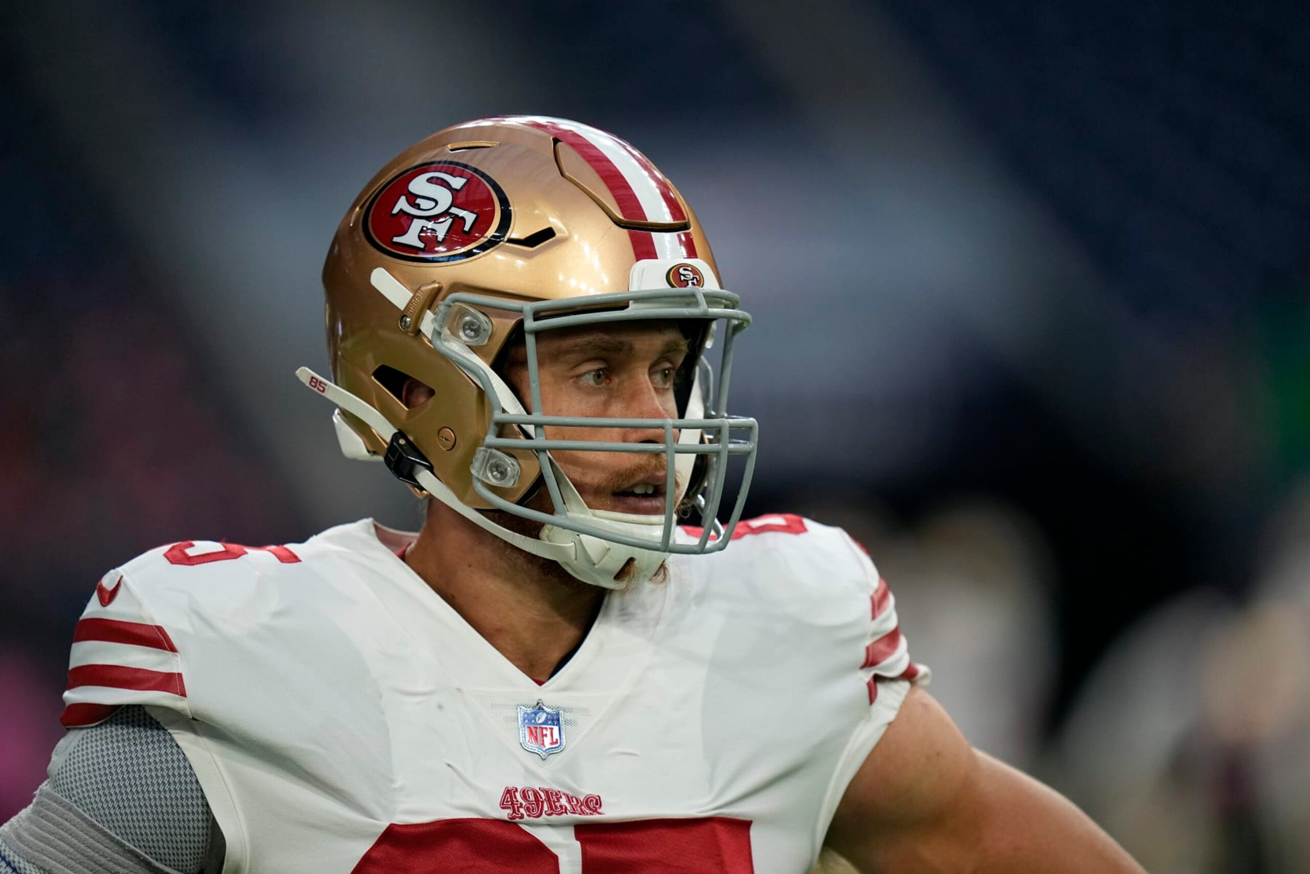 San Francisco 49ers tight end George Kittle warms up before an NFL preseason football game against the Houston Texans Thursday, Aug. 25, 2022, in Houston. (AP Photo/David J. Phillip)