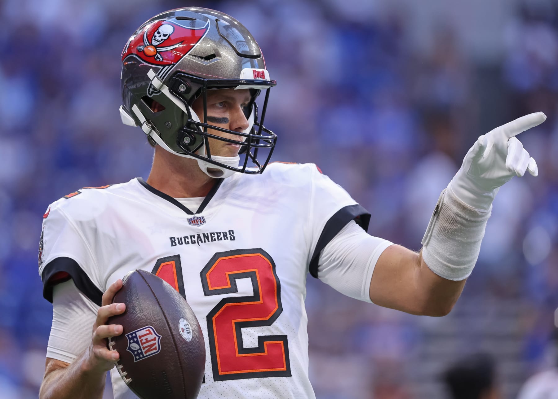 INDIANAPOLIS, IN - AUGUST 27: Tom Brady #12 of Tampa Bay Buccaneers is seen during the preseason game against the Indianapolis Colts at Lucas Oil Stadium on August 27, 2022 in Indianapolis, Indiana. (Photo by Michael Hickey/Getty Images)