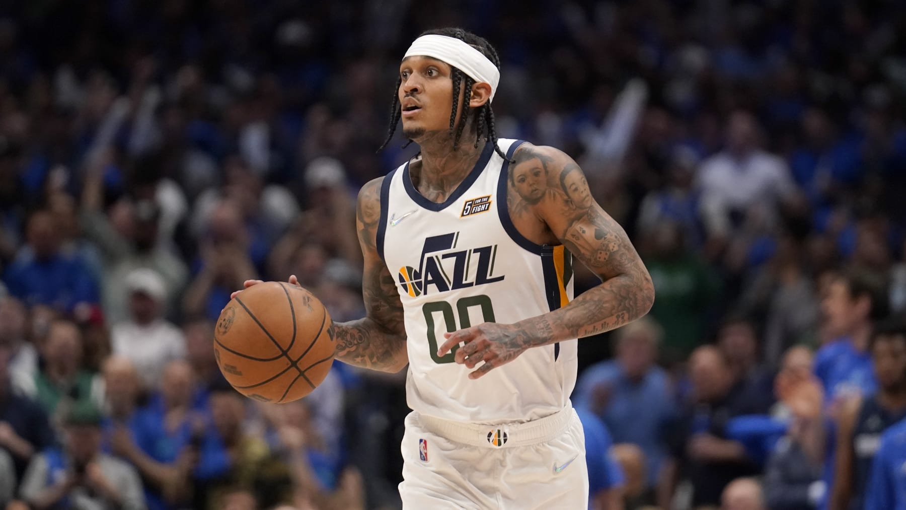 Utah Jazz forward Jordan Clarkson handles the ball during Game 5 of an NBA basketball first-round playoff series against the Dallas Mavericks, Monday, April 25, 2022, in Dallas. (AP Photo/Tony Gutierrez)