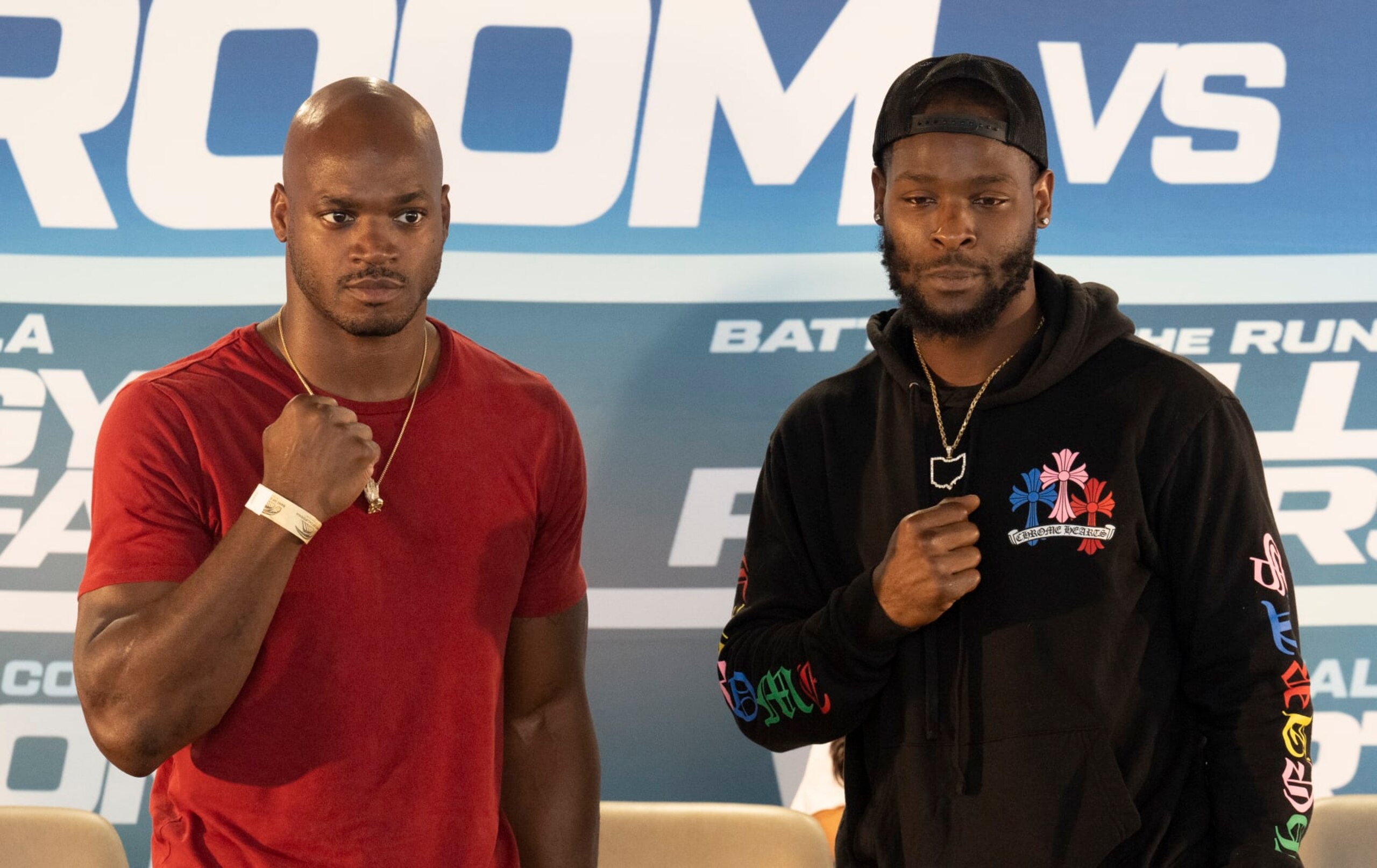LOS ANGELES, CA - SEPTEMBER 08: Former NFL players Adrian Peterson (L) and LeVeon Bell talk about their upcoming fight at the Banc of California Stadium on September 8, 2022 in Los Angeles, California. (Photo by John McCoy/Getty Images)