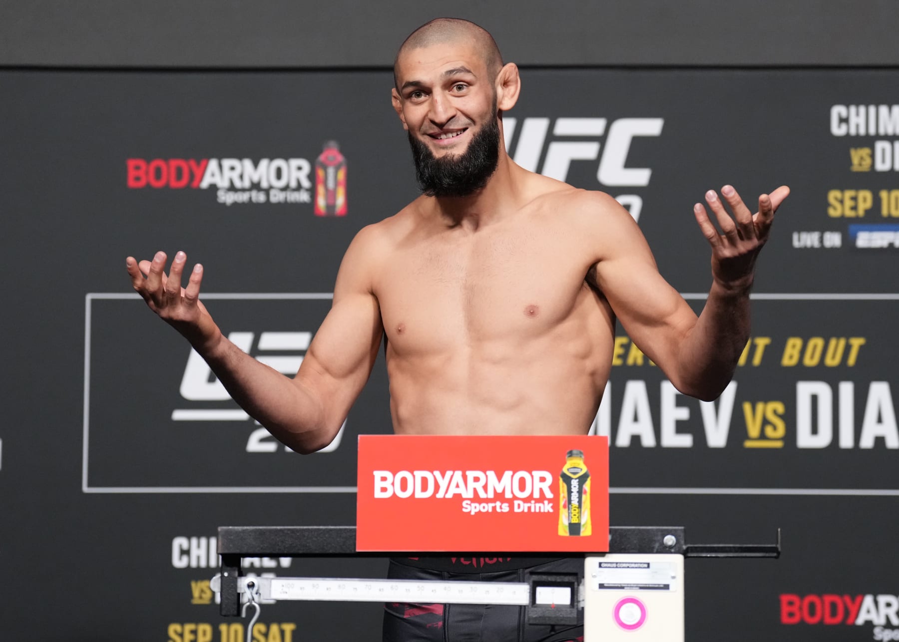 LAS VEGAS, NEVADA - SEPTEMBER 09: Khamzat Chimaev of Russia poses on the scale during the UFC 279 official weigh-in at UFC APEX on September 09, 2022 in Las Vegas, Nevada. (Photo by Chris Unger/Zuffa LLC)