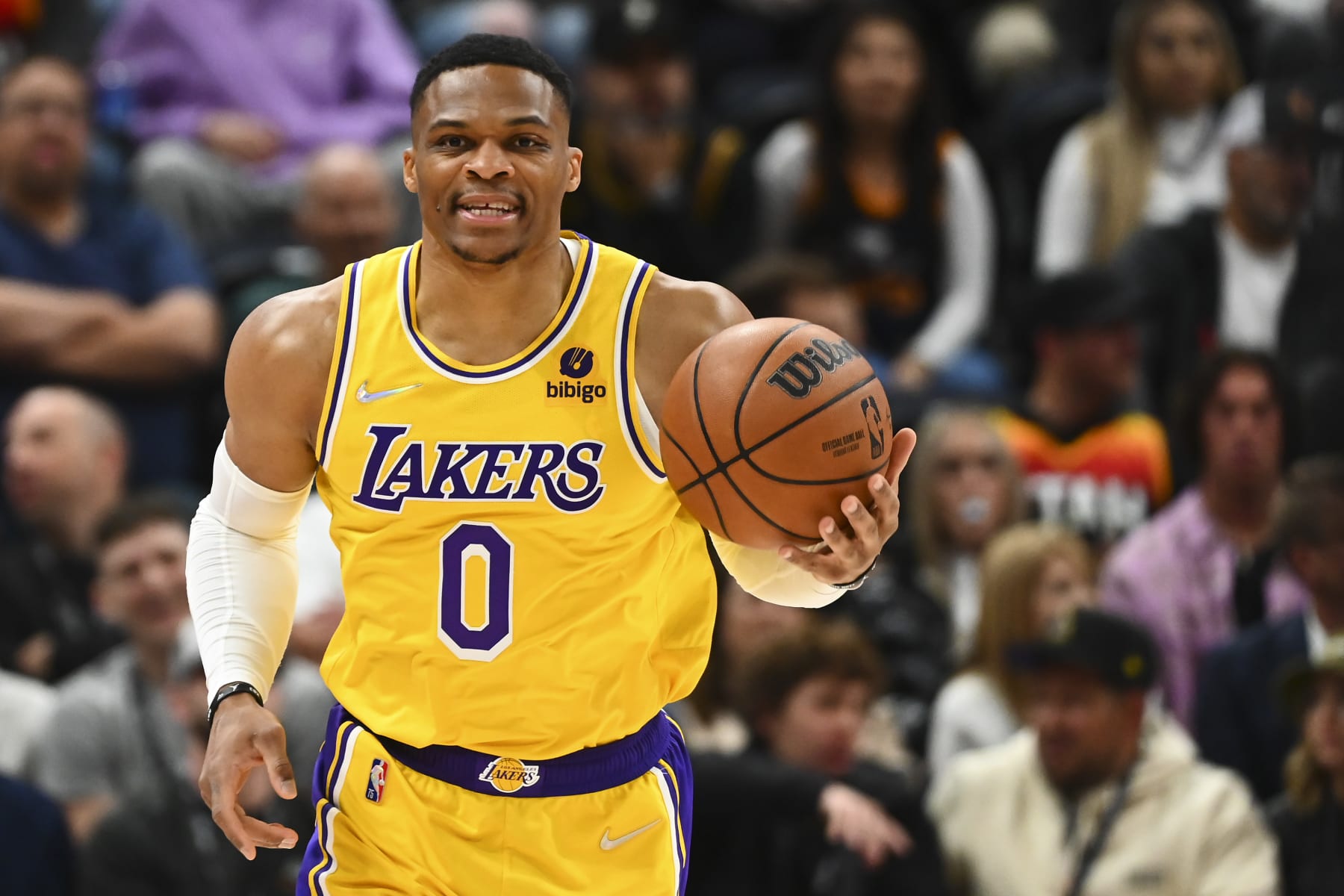 SALT LAKE CITY, UTAH - MARCH 31: Russell Westbrook #0 of the Los Angeles Lakers in action during the first half of a game against the Utah Jazz at Vivint Smart Home Arena on March 31, 2022 in Salt Lake City, Utah. NOTE TO USER: User expressly acknowledges and agrees that, by downloading and or using this photograph, User is consenting to the terms and conditions of the Getty Images License Agreement. (Photo by Alex Goodlett/Getty Images)