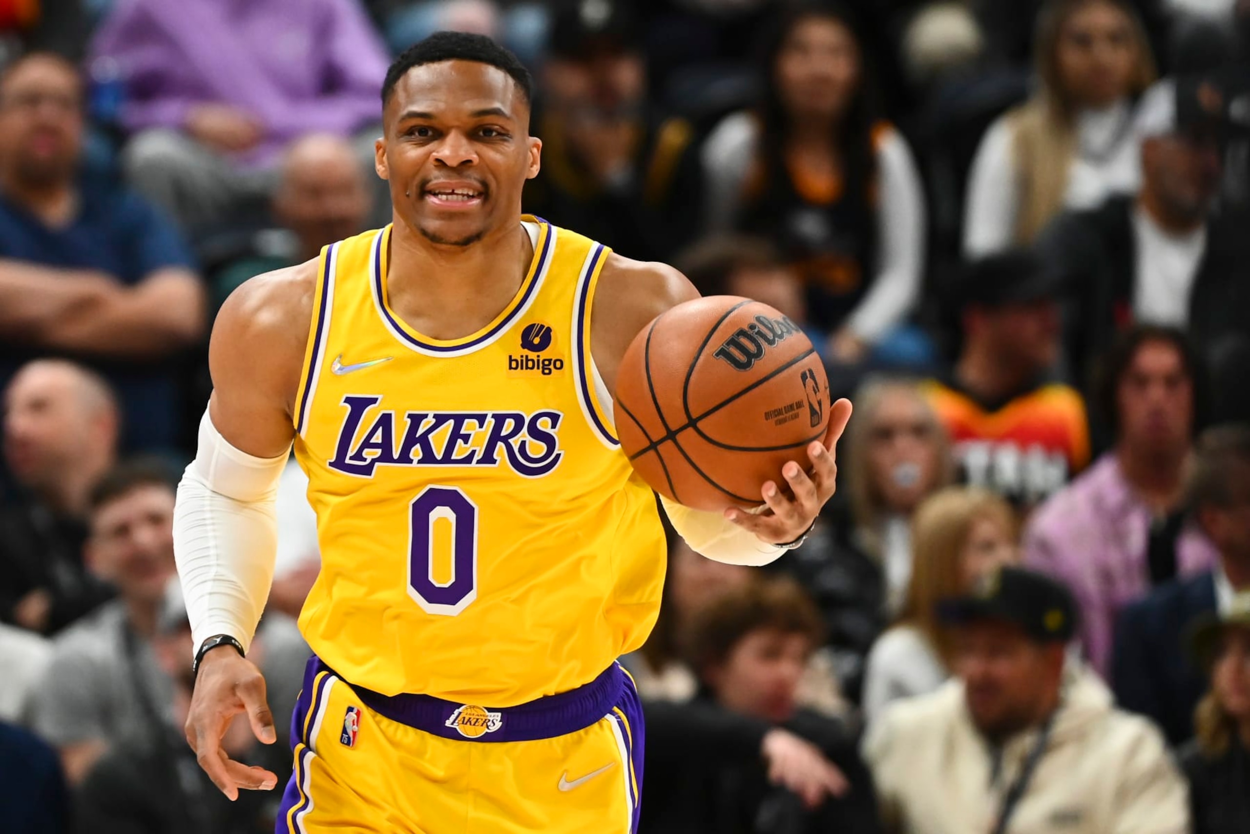 SALT LAKE CITY, UTAH - MARCH 31: Russell Westbrook #0 of the Los Angeles Lakers in action during the first half of a game against the Utah Jazz at Vivint Smart Home Arena on March 31, 2022 in Salt Lake City, Utah. NOTE TO USER: User expressly acknowledges and agrees that, by downloading and or using this photograph, User is consenting to the terms and conditions of the Getty Images License Agreement. (Photo by Alex Goodlett/Getty Images)