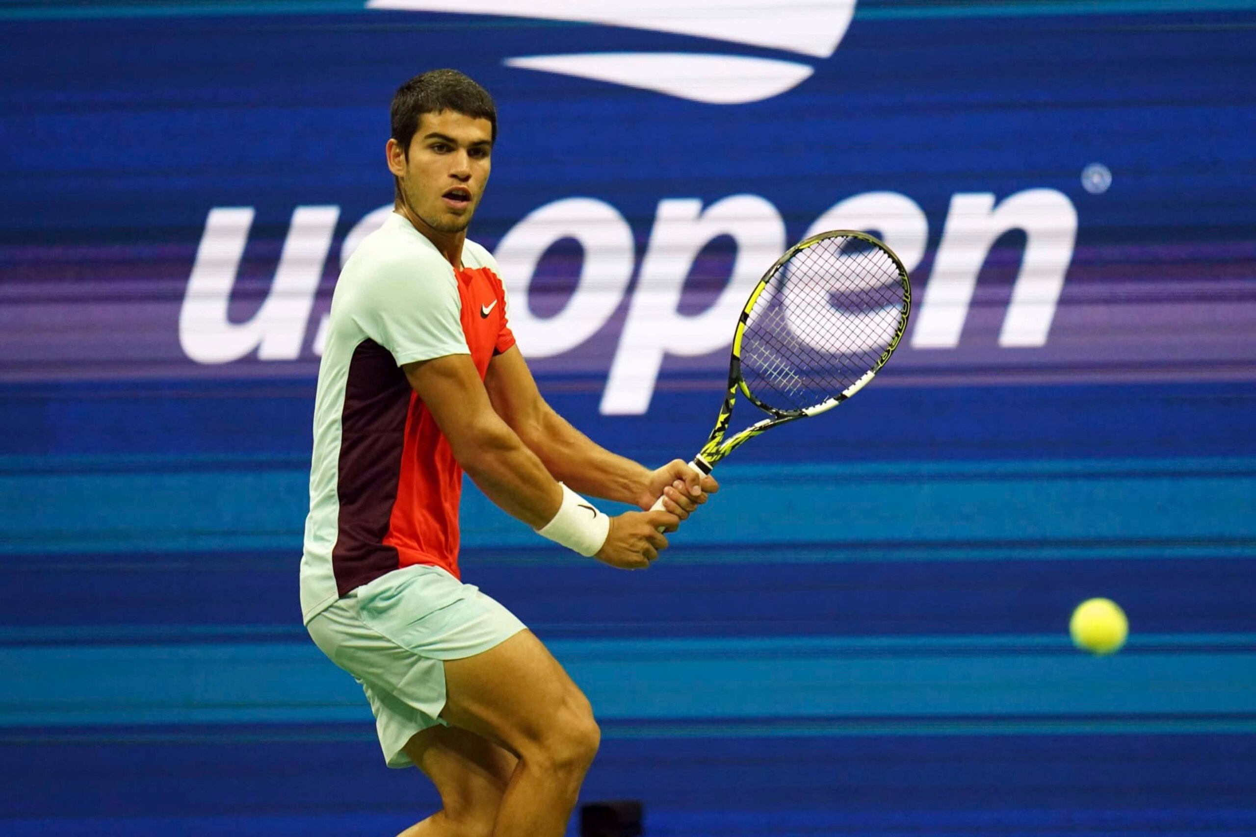 Carlos Alcaraz of Spain receives the serve from Frances Tiafoe of the United States in the semi-finals of the U.S. Open tennis tournament, Friday. Sept. 9, 2022, in New York. (AP Photo/Vera Nieuwenhuis)