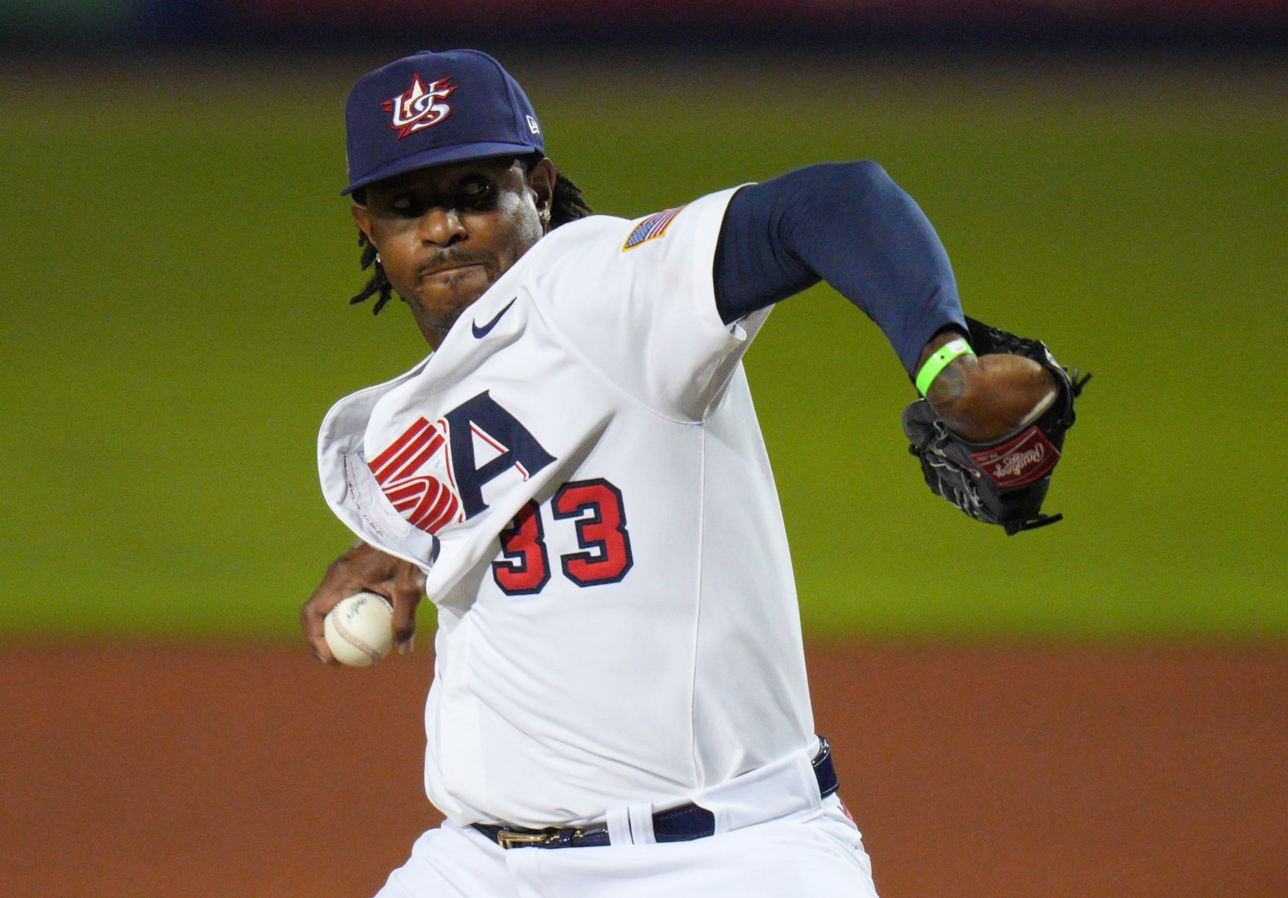 PORT ST. LUCIE, FLORIDA - JUNE 05: Edwin Jackson Jr. #33 of United States delivers a pitch against Venezuela during the WBSC Baseball Americas Qualifier Super Round at Clover Park on June 05, 2021 in Port St. Lucie, Florida. (Photo by Mark Brown/Getty Images)