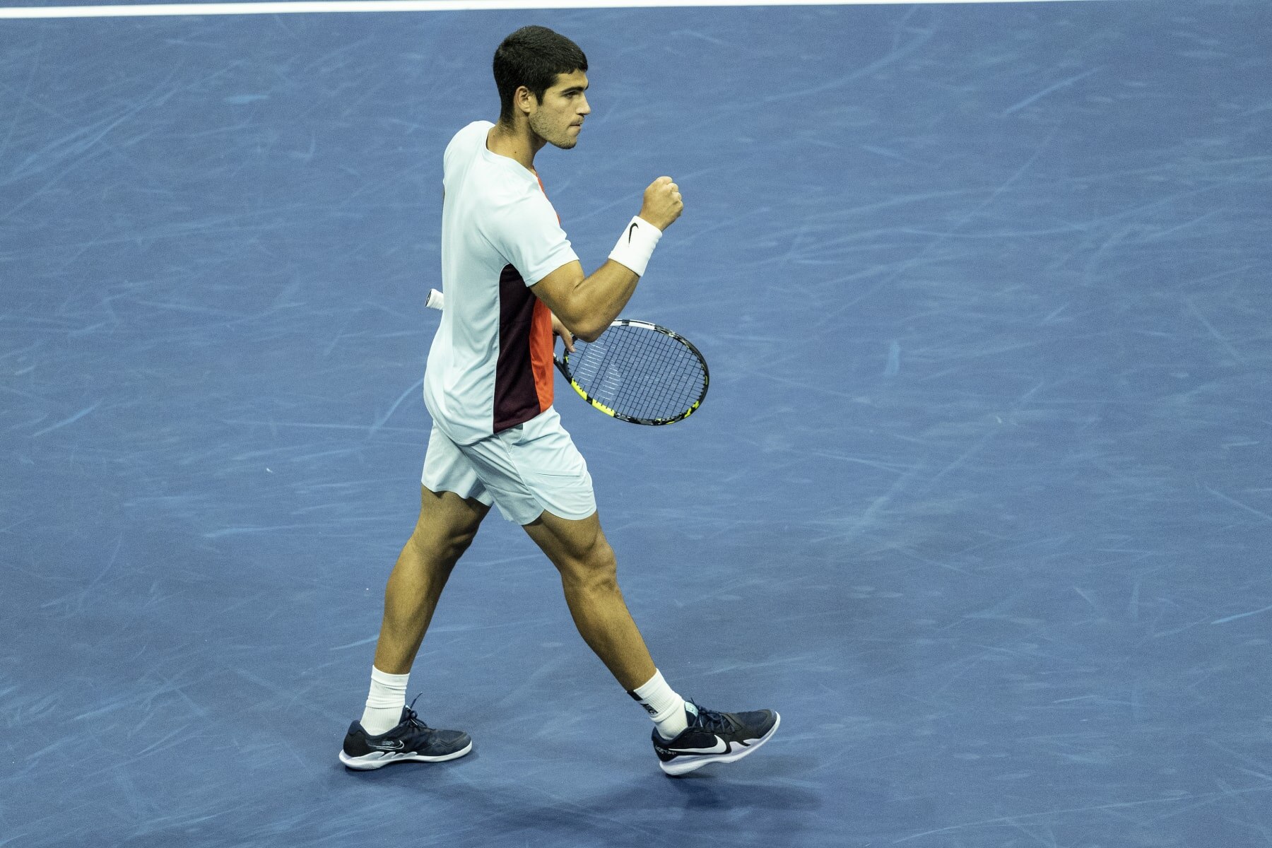 NEW YORK, UNITED STATES - SEPTEMBER 09: Carlos Alcaraz of Spain reacts during semifinal of US Open Championships against Frances Tiafoe of USA at USTA Billie Jean King National Tennis Center in New York on September 9, 2022.. (Photo by Lev Radin/Anadolu Agency via Getty Images)