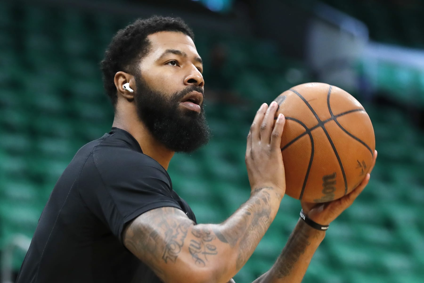 Miami Heat's Markieff Morris warms up before Game 3 of the NBA basketball Eastern Conference finals playoff series against the Boston Celtics, Saturday, May 21, 2022, in Boston. (AP Photo/Michael Dwyer)