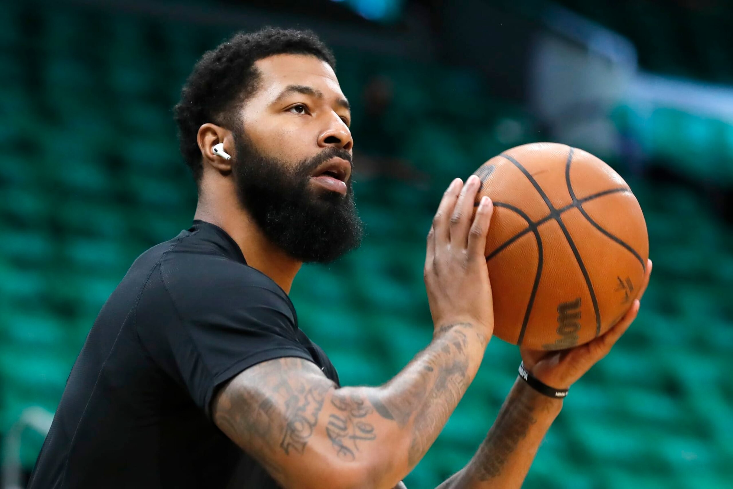 Miami Heat's Markieff Morris warms up before Game 3 of the NBA basketball Eastern Conference finals playoff series against the Boston Celtics, Saturday, May 21, 2022, in Boston. (AP Photo/Michael Dwyer) Miami Heat's Markieff Morris warms up before Game 3 of the NBA basketball Eastern Conference finals playoff series against the Boston Celtics, Saturday, May 21, 2022, in Boston. (AP Photo/Michael Dwyer)