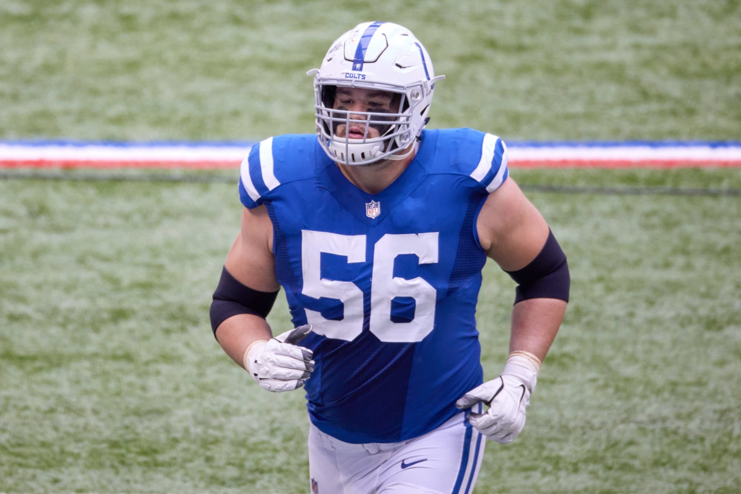 INDIANAPOLIS, IN - OCTOBER 18: Indianapolis Colts Offensive Guard Quenton Nelson (56) looks on in game action during a NFL game between the Indianapolis Colts and the Cincinnati Bengals on October 18, 2020, at Lucas Oil Stadium in Indianapolis, IN. (Photo by MSA/Icon Sportswire via Getty Images)