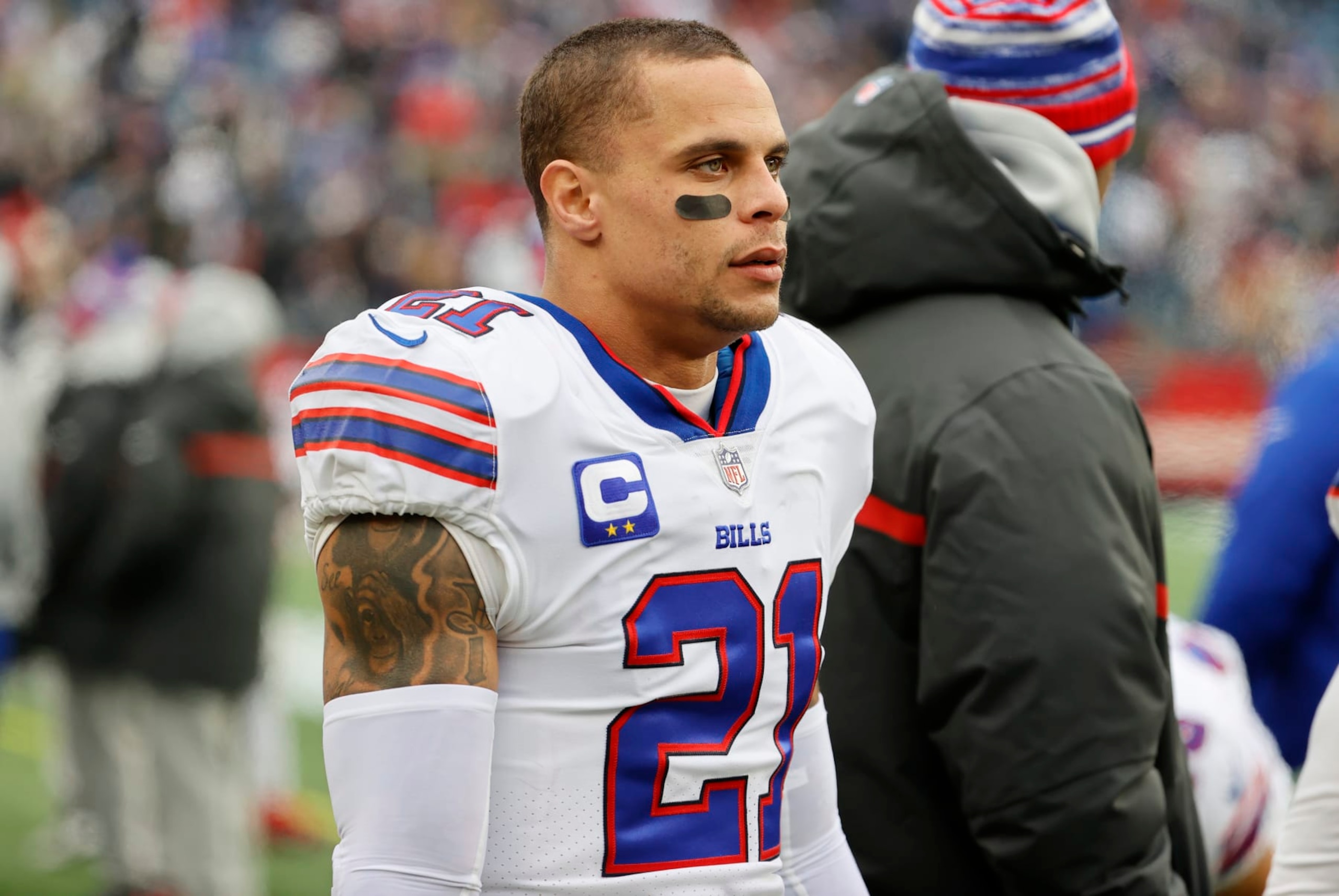 FOXBOROUGH, MA - DECEMBER 26: Buffalo Bills safety Jordan Poyer (21) during a game between the New England Patriots and the Buffalo Bills on December 26. 2021, at Gillette Stadium in Foxborough, Massachusetts. (Photo by Fred Kfoury III/Icon Sportswire via Getty Images)