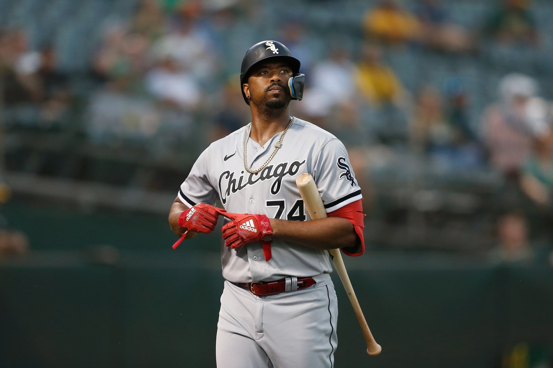 OAKLAND, CALIFORNIA - SEPTEMBER 08: Eloy Jimenez #74 of the Chicago White Sox looks on while at bat against the Oakland Athletics at RingCentral Coliseum on September 08, 2022 in Oakland, California. (Photo by Lachlan Cunningham/Getty Images)