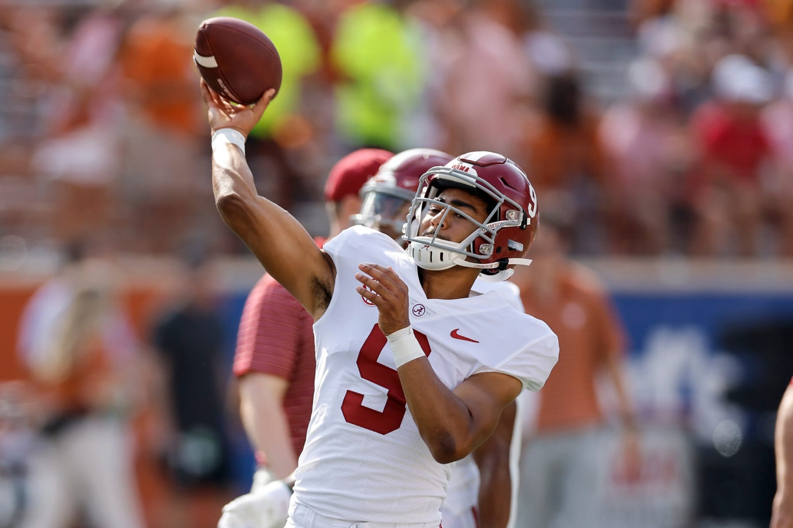 AUSTIN, TEXAS - SEPTEMBER 10: Bryce Young #9 of the Alabama Crimson Tide warms up before the game against the Texas Longhorns at Darrell K Royal-Texas Memorial Stadium on September 10, 2022 in Austin, Texas. (Photo by Tim Warner/Getty Images)