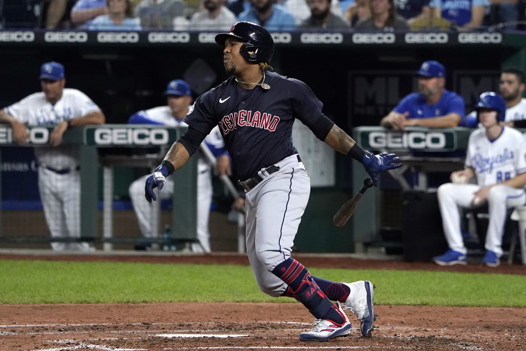 KANSAS CITY, MISSOURI - SEPTEMBER 06:  Jose Ramirez #11 of the Cleveland Guardians hits a two-run single in the third inning against the Kansas City Royals at Kauffman Stadium on September 06, 2022 in Kansas City, Missouri. (Photo by Ed Zurga/Getty Images)