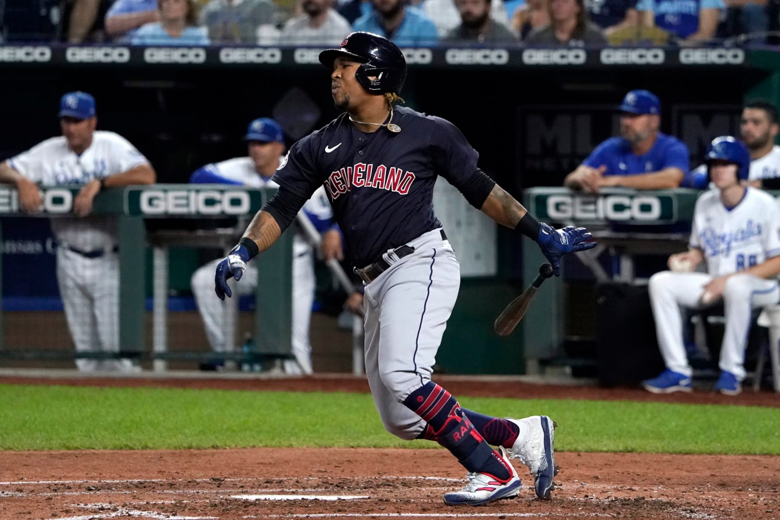 KANSAS CITY, MISSOURI - SEPTEMBER 06:  Jose Ramirez #11 of the Cleveland Guardians hits a two-run single in the third inning against the Kansas City Royals at Kauffman Stadium on September 06, 2022 in Kansas City, Missouri. (Photo by Ed Zurga/Getty Images)