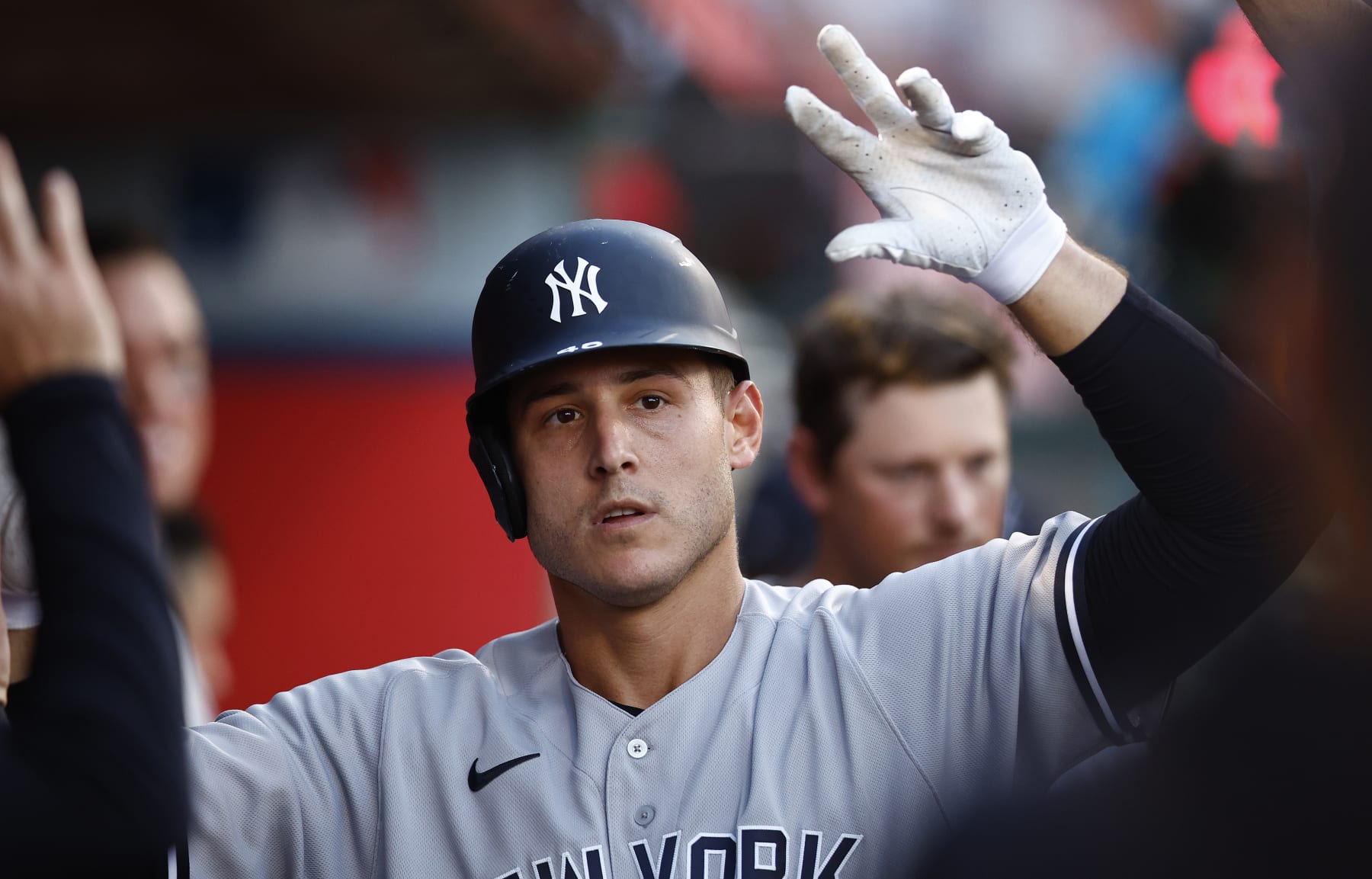 ANAHEIM, CALIFORNIA - AUGUST 30:  Anthony Rizzo #48 of the New York Yankees celebrates a home run against the Los Angeles Angels in the second inning at Angel Stadium of Anaheim on August 30, 2022 in Anaheim, California. (Photo by Ronald Martinez/Getty Images)