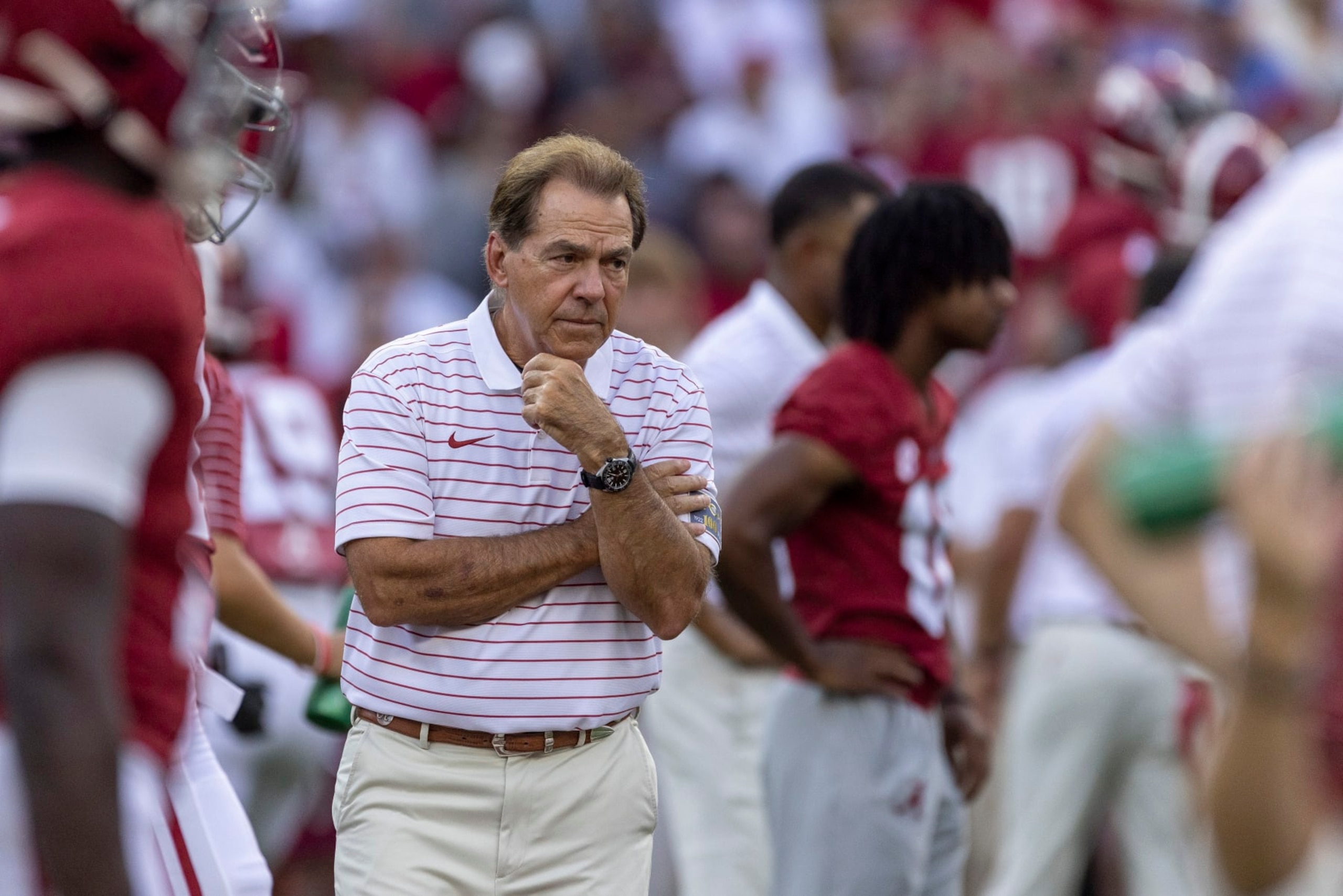 FILE - Alabama head coach Nick Saban watches warmups at an NCAA college football game against Utah State, Saturday, Sept. 3, 2022, in Tuscaloosa, Ala. Top-ranked Alabama (1-0) and Texas (1-0) meet for the first time since 2009 on Saturday. (AP Photo/Vasha Hunt) FILE - Alabama head coach Nick Saban watches warmups at an NCAA college football game against Utah State, Saturday, Sept. 3, 2022, in Tuscaloosa, Ala. Top-ranked Alabama (1-0) and Texas (1-0) meet for the first time since 2009 on Saturday. (AP Photo/Vasha Hunt)