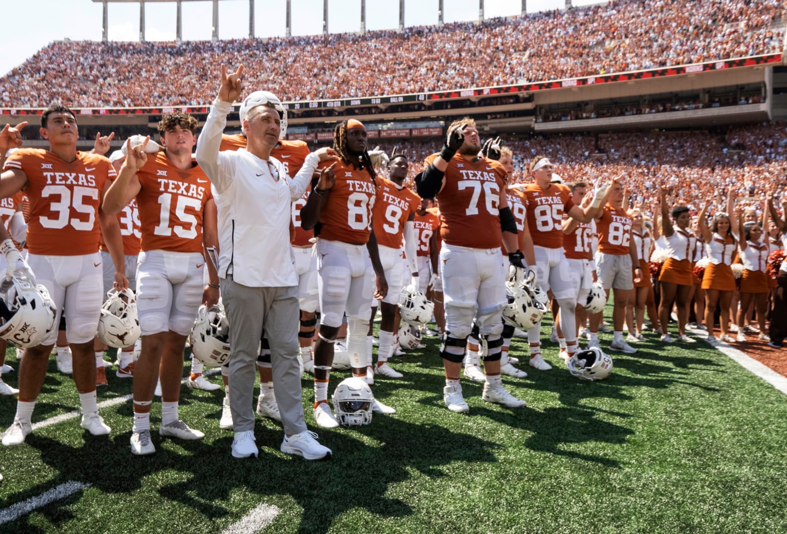 Texas head coach Steve Sarkisian sings the Eyes of Texas school song with his players after an NCAA college football game, Saturday, Sept. 10, 2022, in Austin, Texas. Alabama won 20-19. (AP Photo/Michael Thomas)