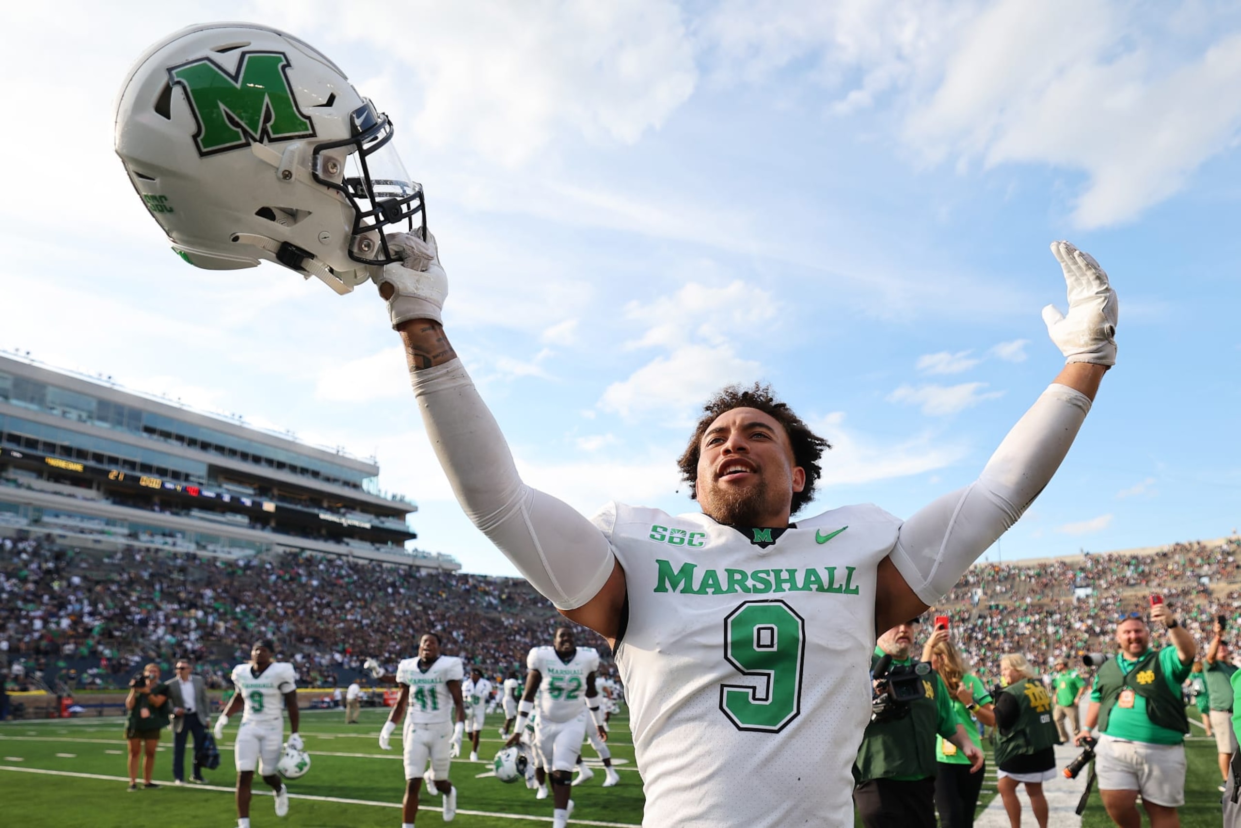 SOUTH BEND, INDIANA - SEPTEMBER 10: Jace Bobo #9 of the Marshall Thundering Herd celebrates after defeating the Notre Dame Fighting Irish 26-21 at Notre Dame Stadium on September 10, 2022 in South Bend, Indiana. (Photo by Michael Reaves/Getty Images) SOUTH BEND, INDIANA - SEPTEMBER 10: Jace Bobo #9 of the Marshall Thundering Herd celebrates after defeating the Notre Dame Fighting Irish 26-21 at Notre Dame Stadium on September 10, 2022 in South Bend, Indiana. (Photo by Michael Reaves/Getty Images)
