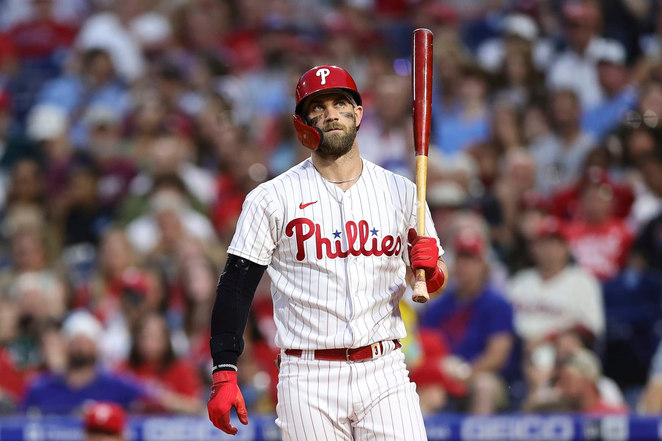 PHILADELPHIA, PENNSYLVANIA - SEPTEMBER 10: Bryce Harper #3 of the Philadelphia Phillies looks on during the third inning against the Washington Nationals at Citizens Bank Park on September 10, 2022 in Philadelphia, Pennsylvania. (Photo by Tim Nwachukwu/Getty Images)