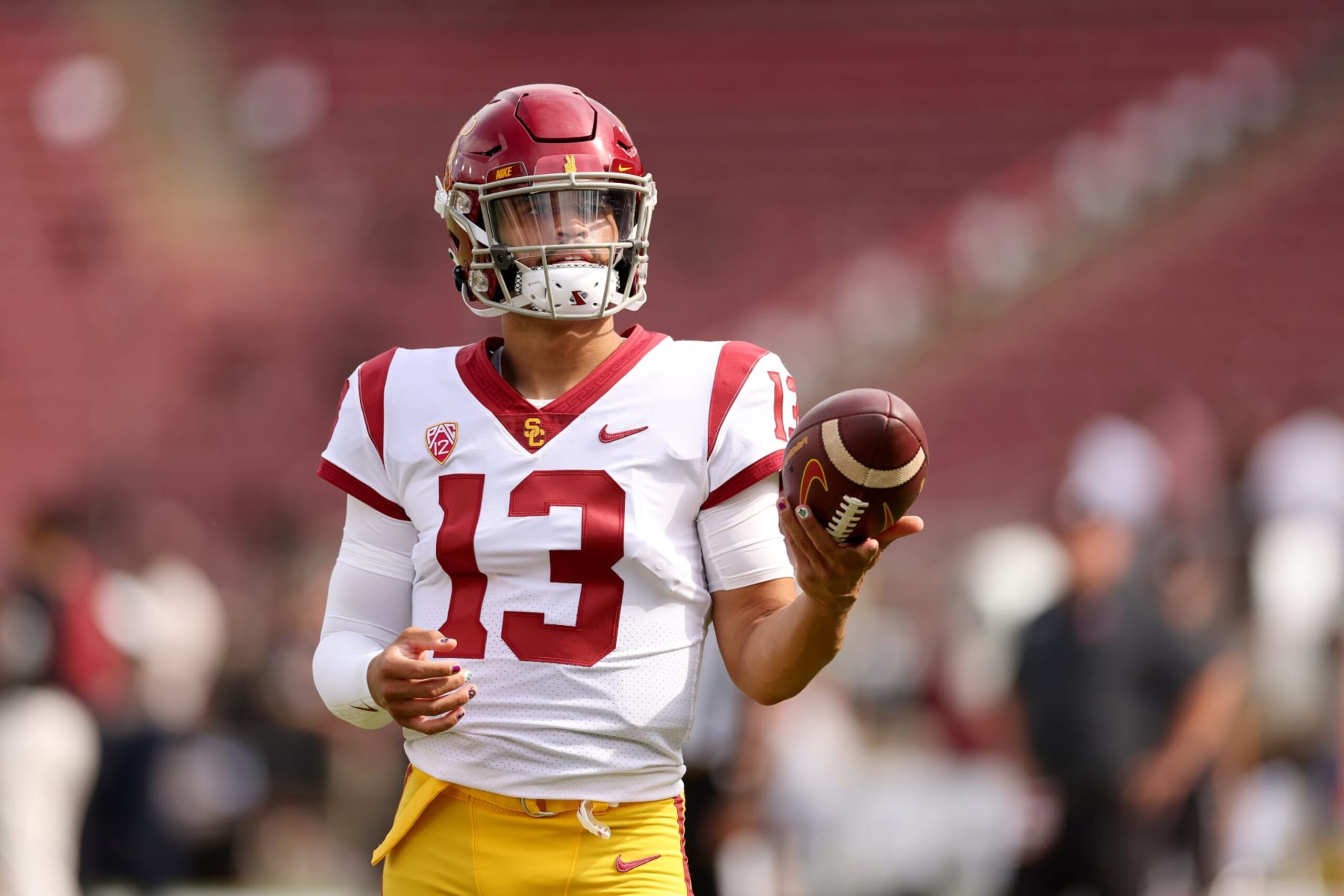 STANFORD, CALIFORNIA - SEPTEMBER 10: Caleb Williams #13 of the USC Trojans warms up before their game against the Stanford Cardinal at Stanford Stadium on September 10, 2022 in Stanford, California. (Photo by Ezra Shaw/Getty Images)