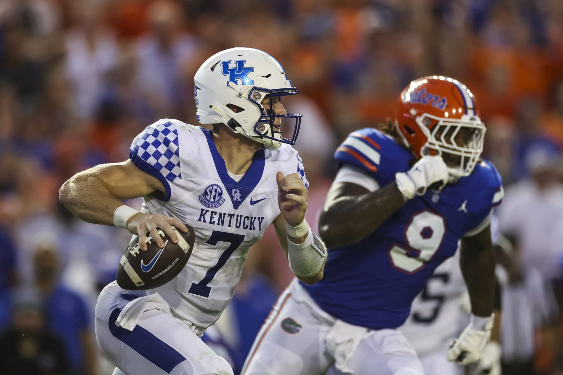 GAINESVILLE, FLORIDA - SEPTEMBER 10: Will Levis #7 of the Kentucky Wildcats looks to pass during the 2nd quarter of a game against the Florida Gators at Ben Hill Griffin Stadium on September 10, 2022 in Gainesville, Florida. (Photo by James Gilbert/Getty Images)